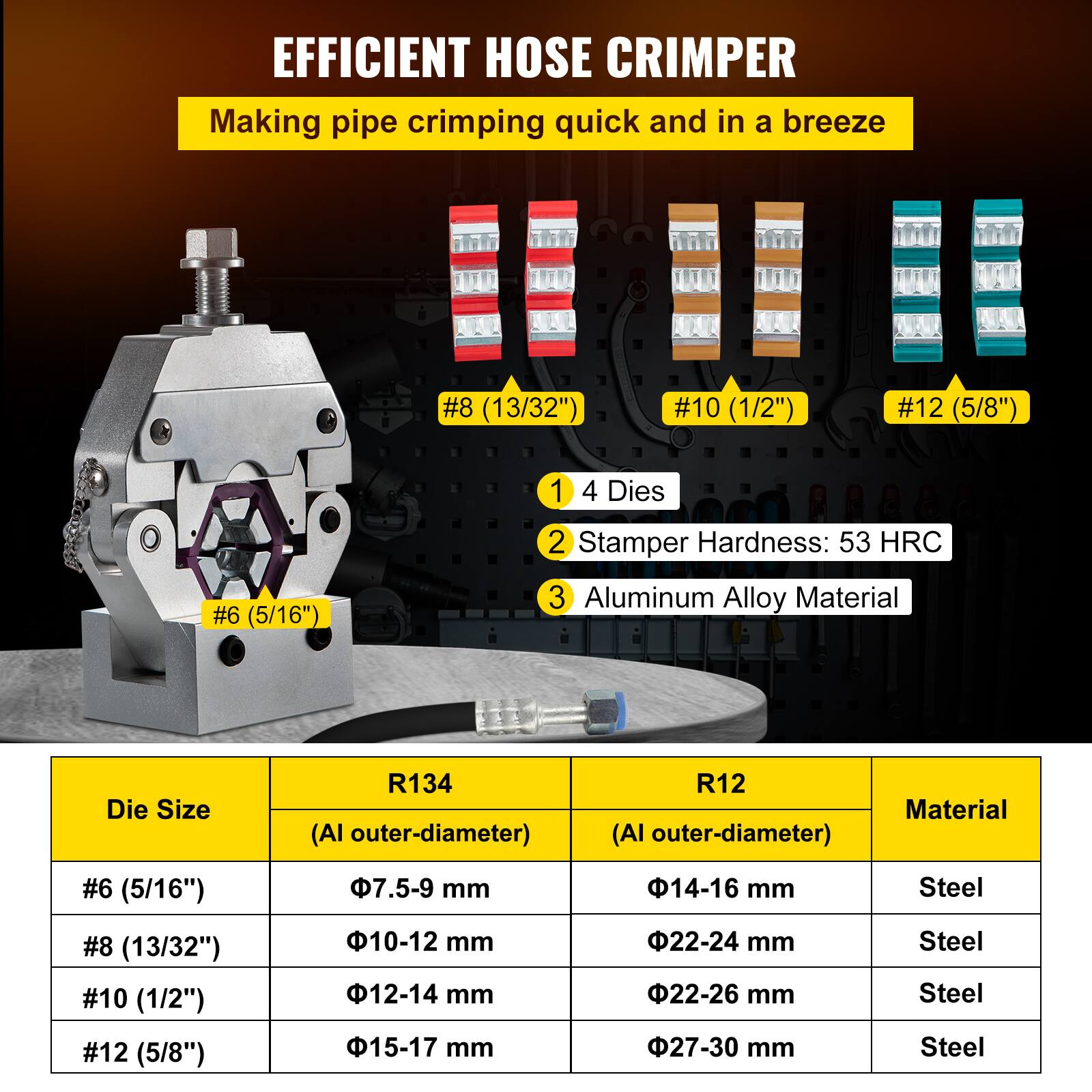 EFFICIENT HOSE CRIMPER  
Making pipe crimping quick and in a breeze

1. 4 Dies
2. Stamper Hardness: 53 HRC
3. Aluminum Alloy Material

Die Size | R134 (Al outer-diameter) | R12 (Al outer-diameter) | Material
--- | --- | --- | ---
#6 (5/16") | Ø7.5-9 mm | Ø14-16 mm | Steel
#8 (13/32") | Ø10-12 mm | Ø22-24 mm | Steel
#10 (1/2") | Ø12-14 mm | Ø22-26 mm | Steel
#12 (5/8") | Ø15-17 mm | Ø27-30 mm | Steel