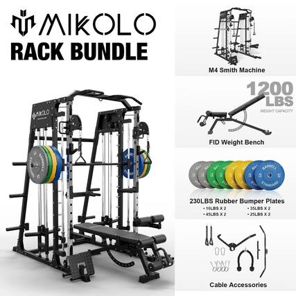 MIKOLLO RACK BUNDLE
M4 Smith Machine
1200 LBS WEIGHT CAPACITY
FID Weight Bench
230LBS Rubber Bumper Plates
- 10LBS x 2
- 35LBS x 2
- 45LBS x 2
- 25LBS x 2
Cable Accessories