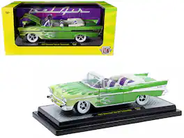 957 Chevrolet Bel Air Convertible Green Met w/Flame Graphics & Purple & White Interior 1/24 Model Car by M2 Machines