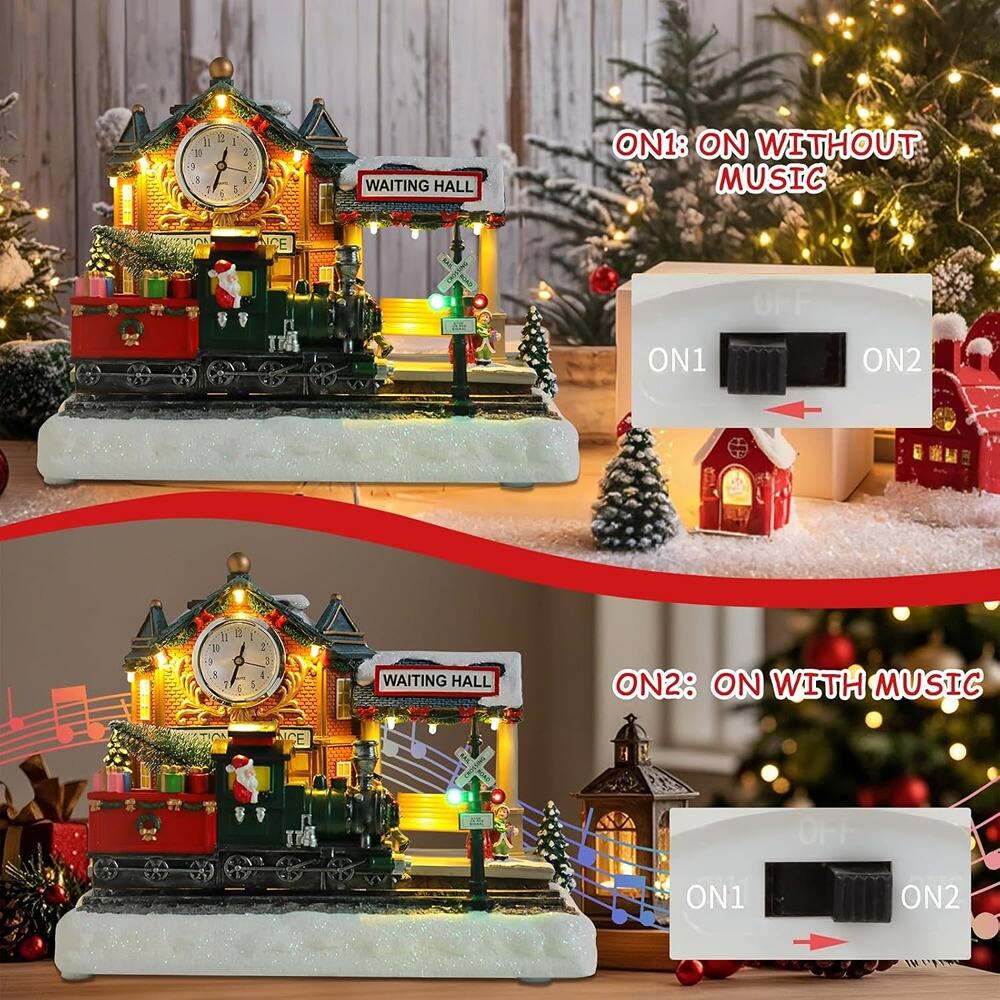 Sure, here is the corrected and grouped text from the image:

---

**WAITING HALL ON1: ON WITHOUT MUSIC**

**ON1: ON WITHOUT MUSIC**

**WAITING HALL ON2: ON WITH MUSIC**

**ON2: ON WITH MUSIC**

---

This text corresponds to the settings for the two modes of the train station display, indicating whether it is on without music or on with music.