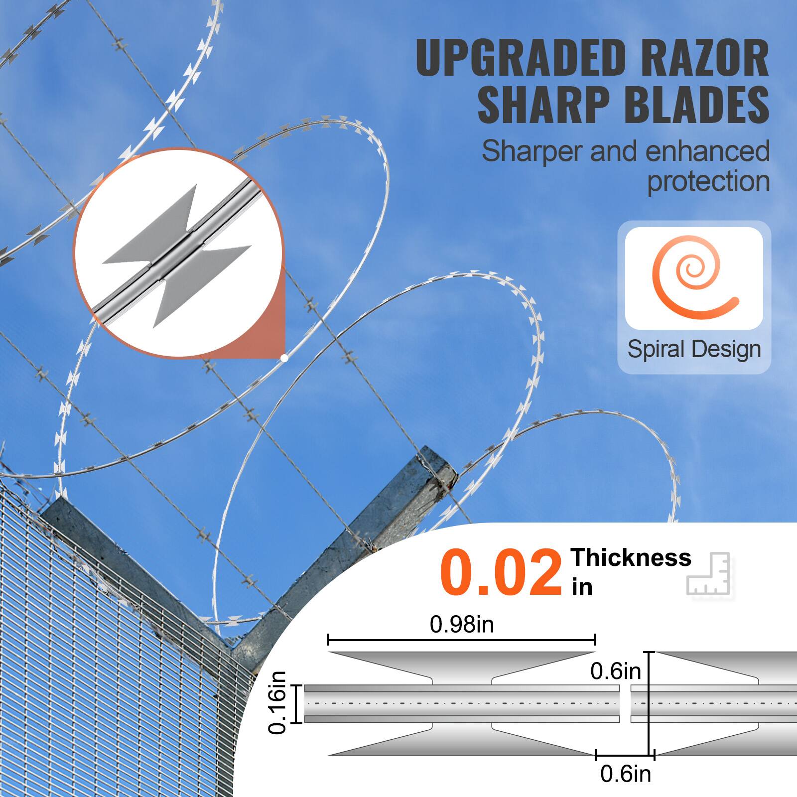 UPGRADED RAZOR SHARP BLADES  
Sharper and enhanced protection  
Spiral Design  

0.16in  
0.02in Thickness  
0.98in  
0.6in  
0.6in