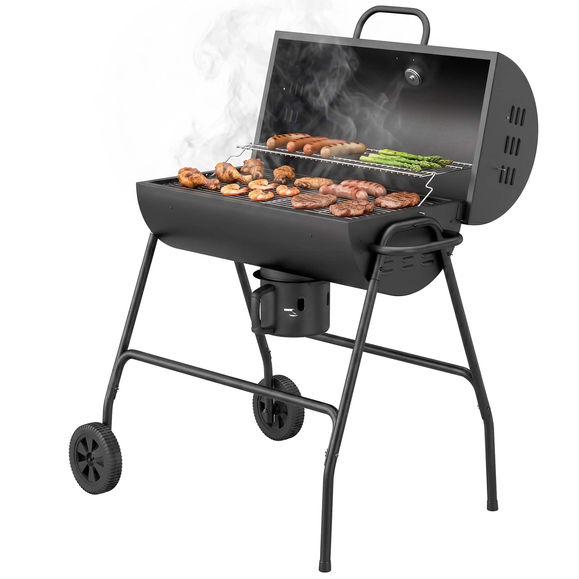 Front. Outsunny - Barrel Charcoal BBQ Grill, Barbecue with 420 sq.in. Cooking Area, Wheels - Black.