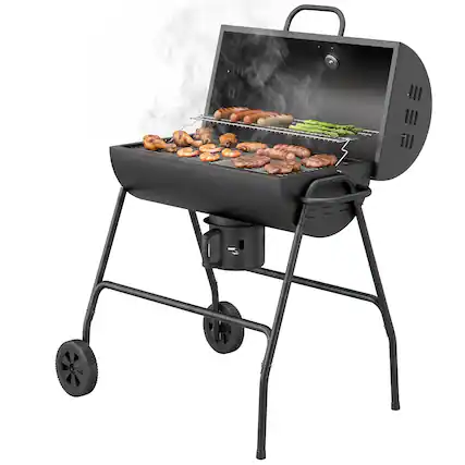 Front. Outsunny - Barrel Charcoal BBQ Grill, Barbecue with 420 sq.in. Cooking Area, Wheels - Black.