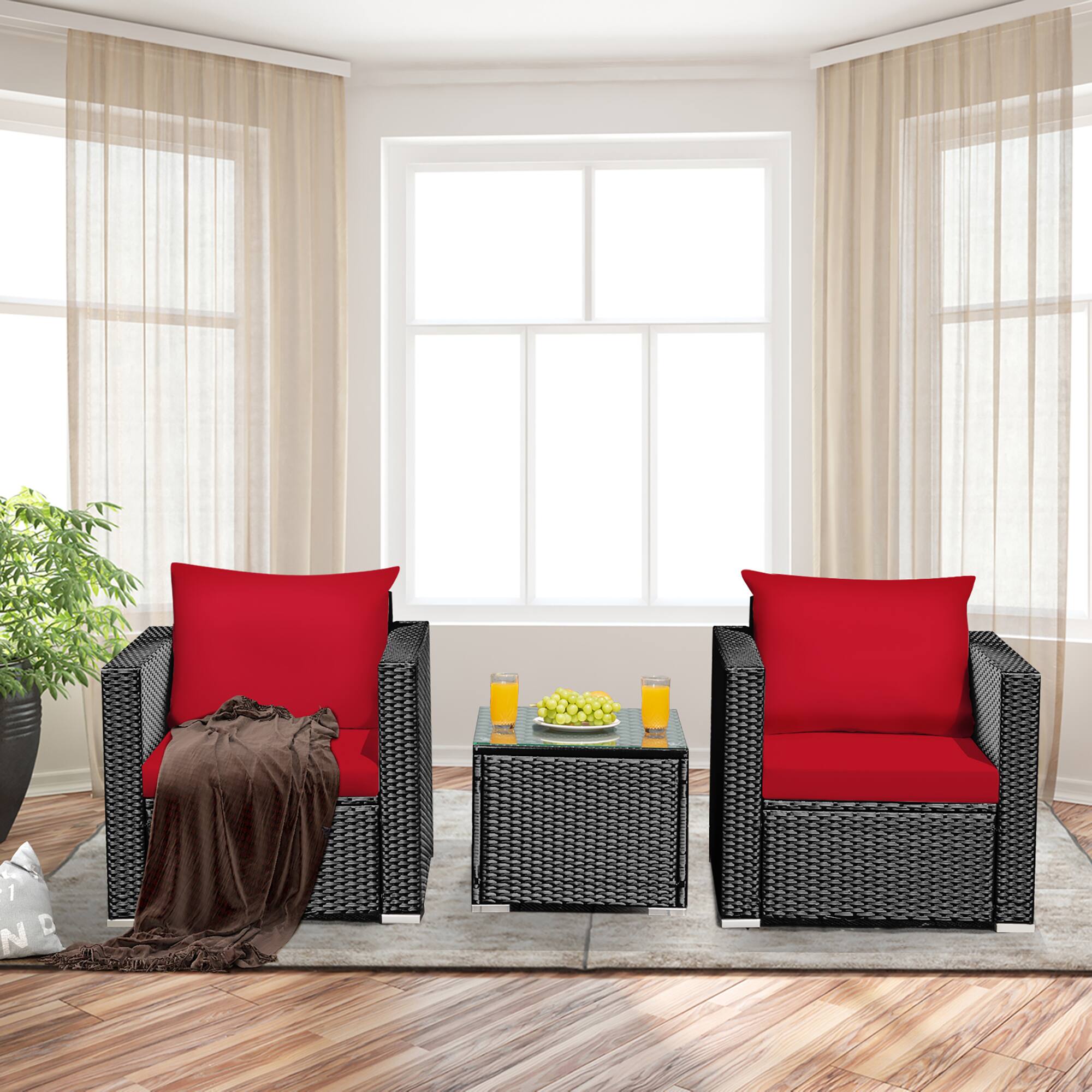 Alt View 3. Costway - 3PCS Patio Rattan Wicker Furniture Set Sofa Table W/Cushion Yard - Red.