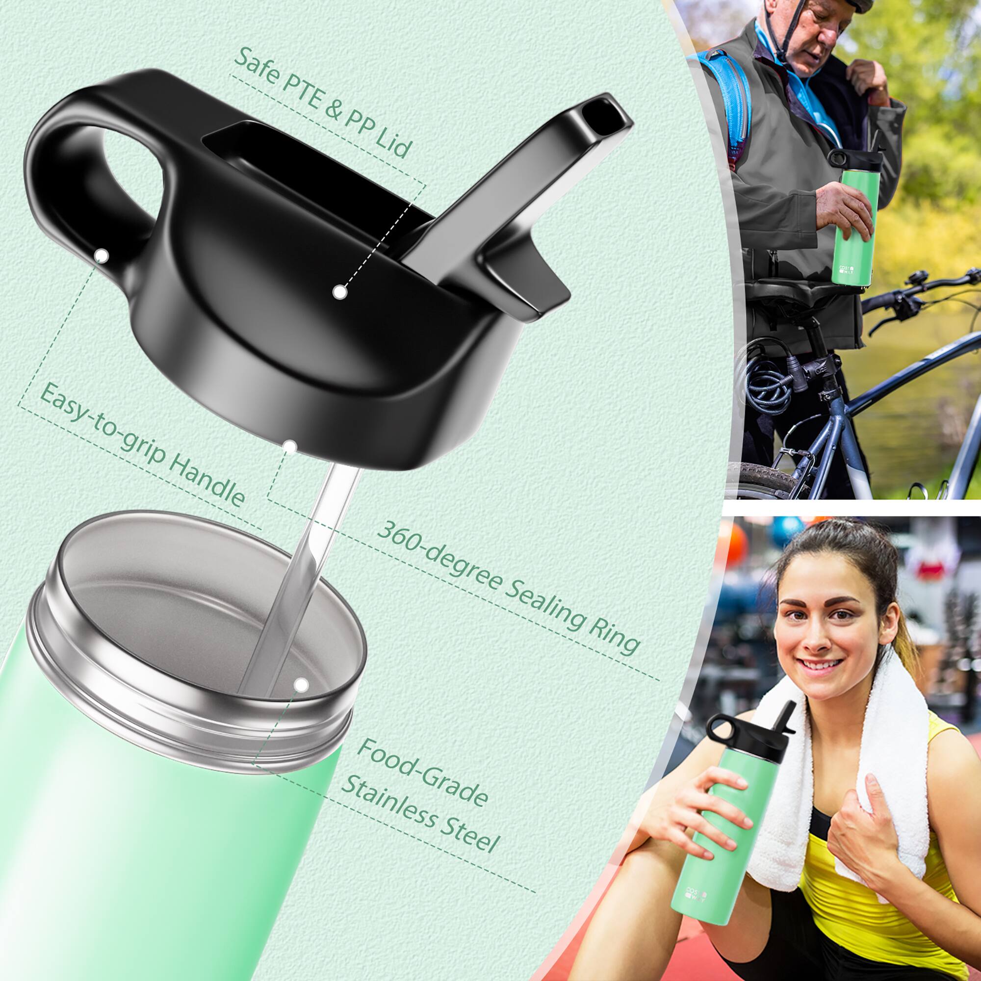 Safe PTE & PP Lid  
Easy-to-grip Handle  
360-degree Sealing Ring  
Food-Grade Stainless Steel