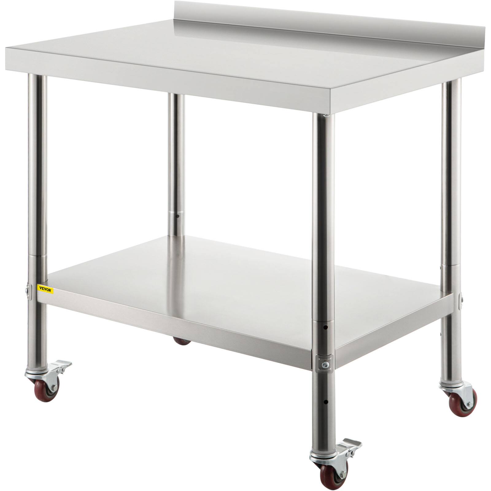 Front. VEVOR - Stainless Steel Prep Table, 30 x 24 x 35Inch, 440lbs Load Capacity Metal Worktable with Backsplash Adjustable Undershelf - Stainless steel color.