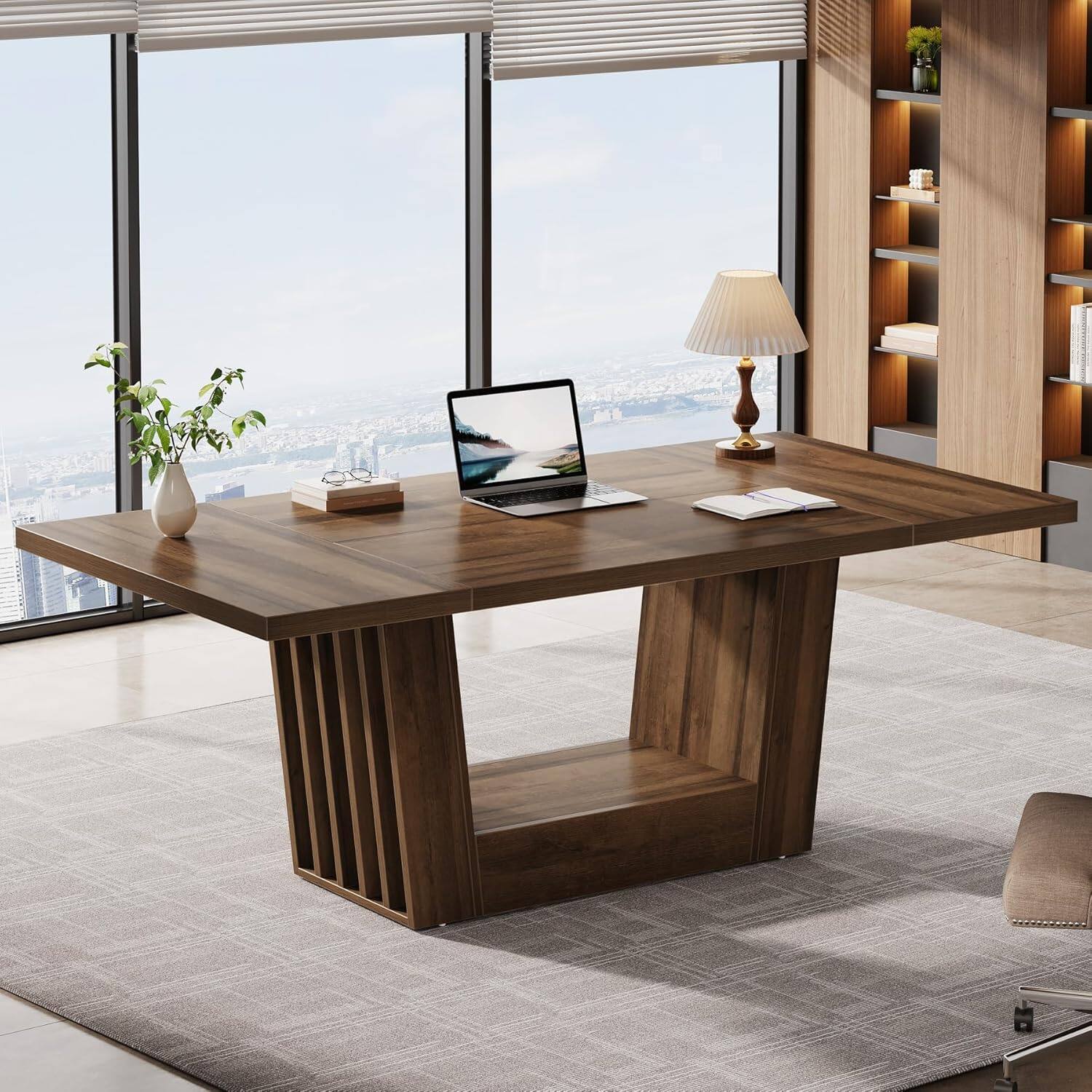 Front. Tribesigns - Office Executive Desk with Engineered Wood Construction, Metal Frame, for Computer Work and Writing in Home Offices - Brown.
