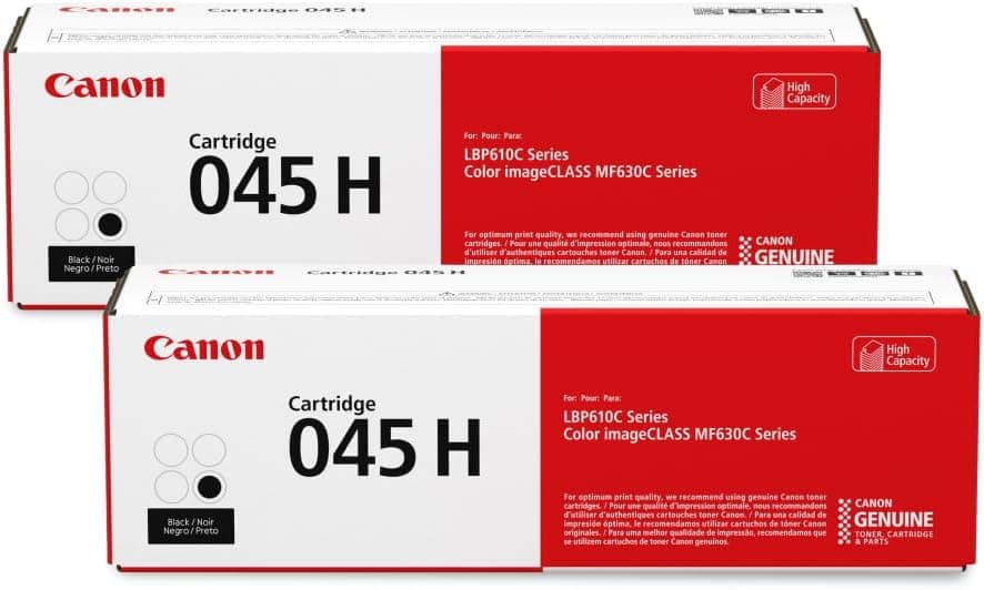 Canon Cartridge 045 H  
Black / Noir / Negro / Preto  

For: Pour: Para:  
LBP610C Series  
Color imageCLASS MF630C Series  

For optimum print quality, we recommend using genuine Canon toner cartridges.  
Pour une qualité d'impression optimale, nous recommandons d'utiliser des cartouches toner Canon authentiques.  
Para una calidad de impresión óptima, le recomendamos utilizar cartuchos de toner Canon originales.  

Canon GENUINE TONER & CARTRIDGE