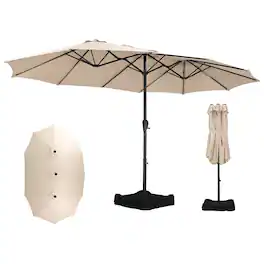 Ainfox - 15 x 9FT Double Sided Patio Umbrella Outdoor Large Umbrella for Deck Pool Shade with Crank Handle & Base - Khaki
