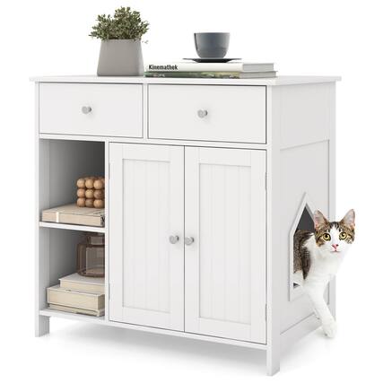 Front. Costway - Costway Cat Litter Box Enclosure with 2 Drawers Double Doors Open Shelves Modern Indoor - White.