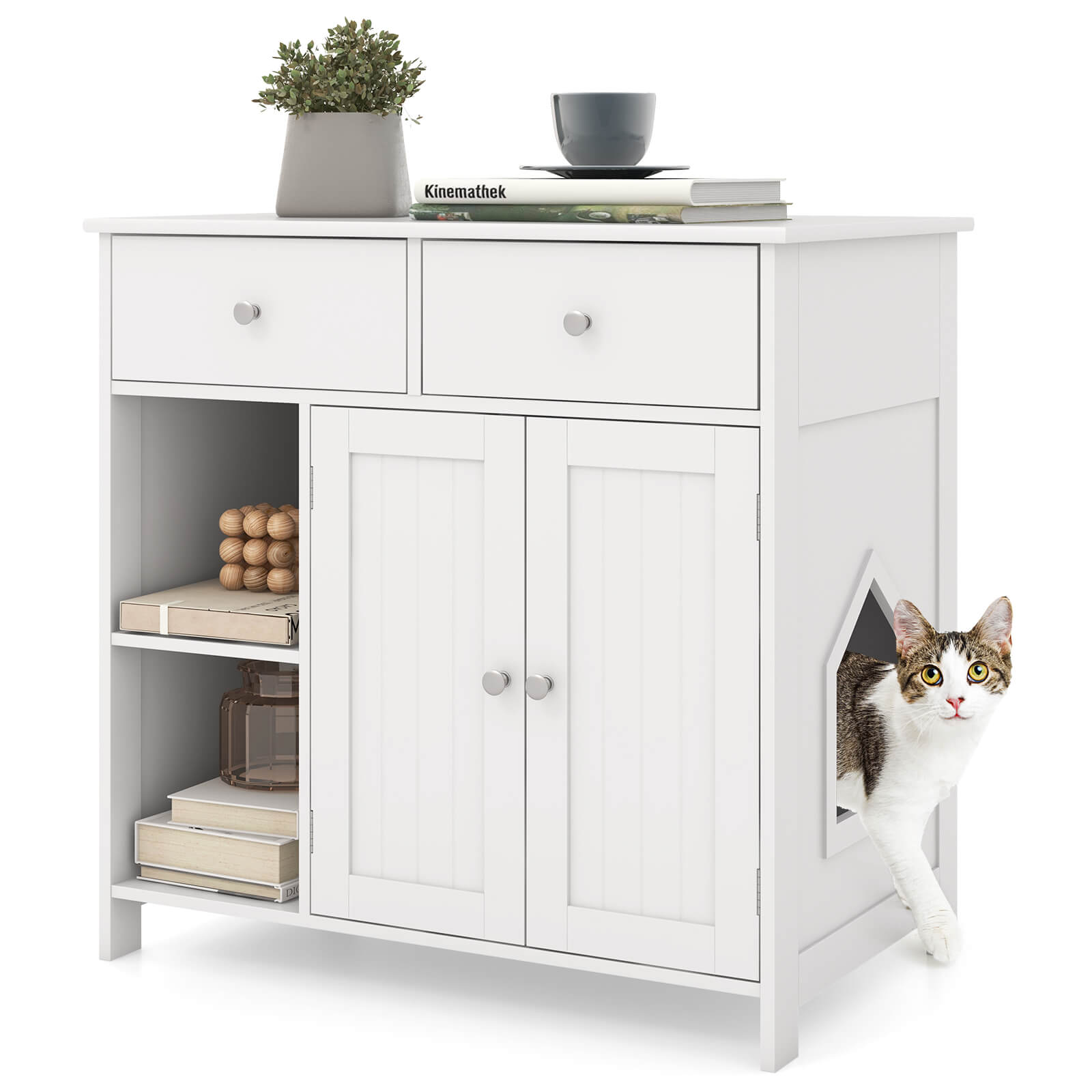 Front. Costway - Costway Cat Litter Box Enclosure with 2 Drawers Double Doors Open Shelves Modern Indoor - White.