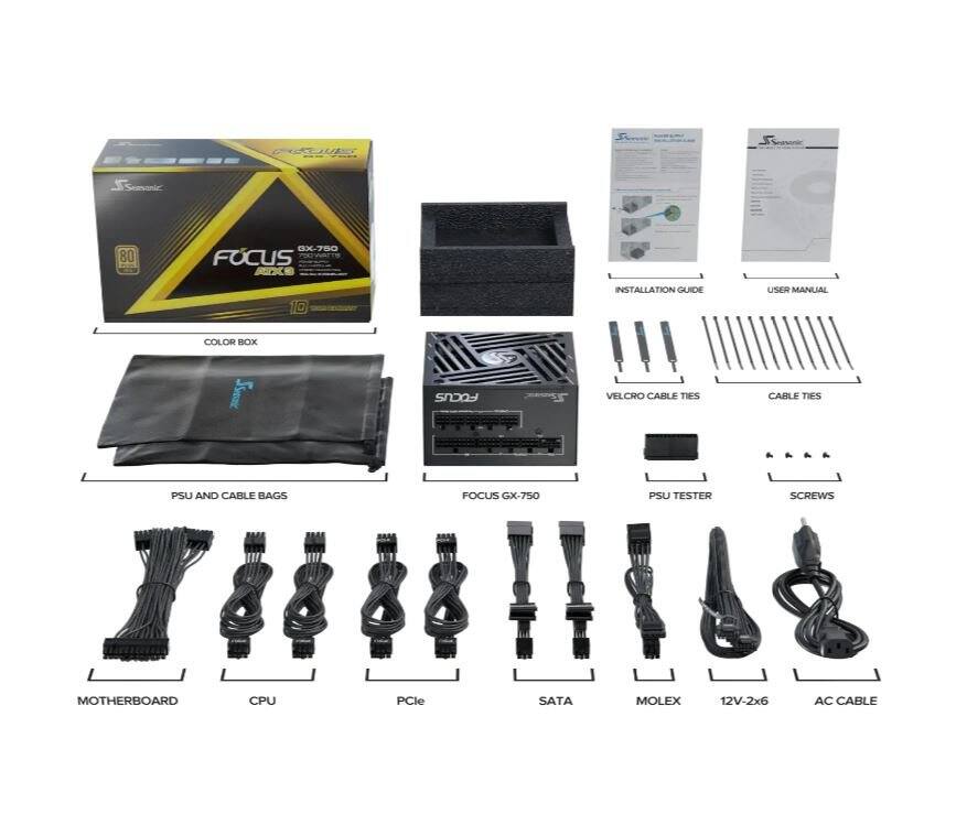 Sure, here is the corrected and grouped text from the image:

- **COLOR BOX**
- **INSTALLATION GUIDE**
- **USER MANUAL**
- **PSU AND CABLE BAGS**
- **FOCUS GX-750**
- **PSU TESTER**
- **SCREWS**
- **VELCRO CABLE TIES**
- **CABLE TIES**
- **MOTHERBOARD**
- **CPU**
- **PCIe**
- **SATA**
- **MOLEX**
- **12V-2x6**
- **AC CABLE**