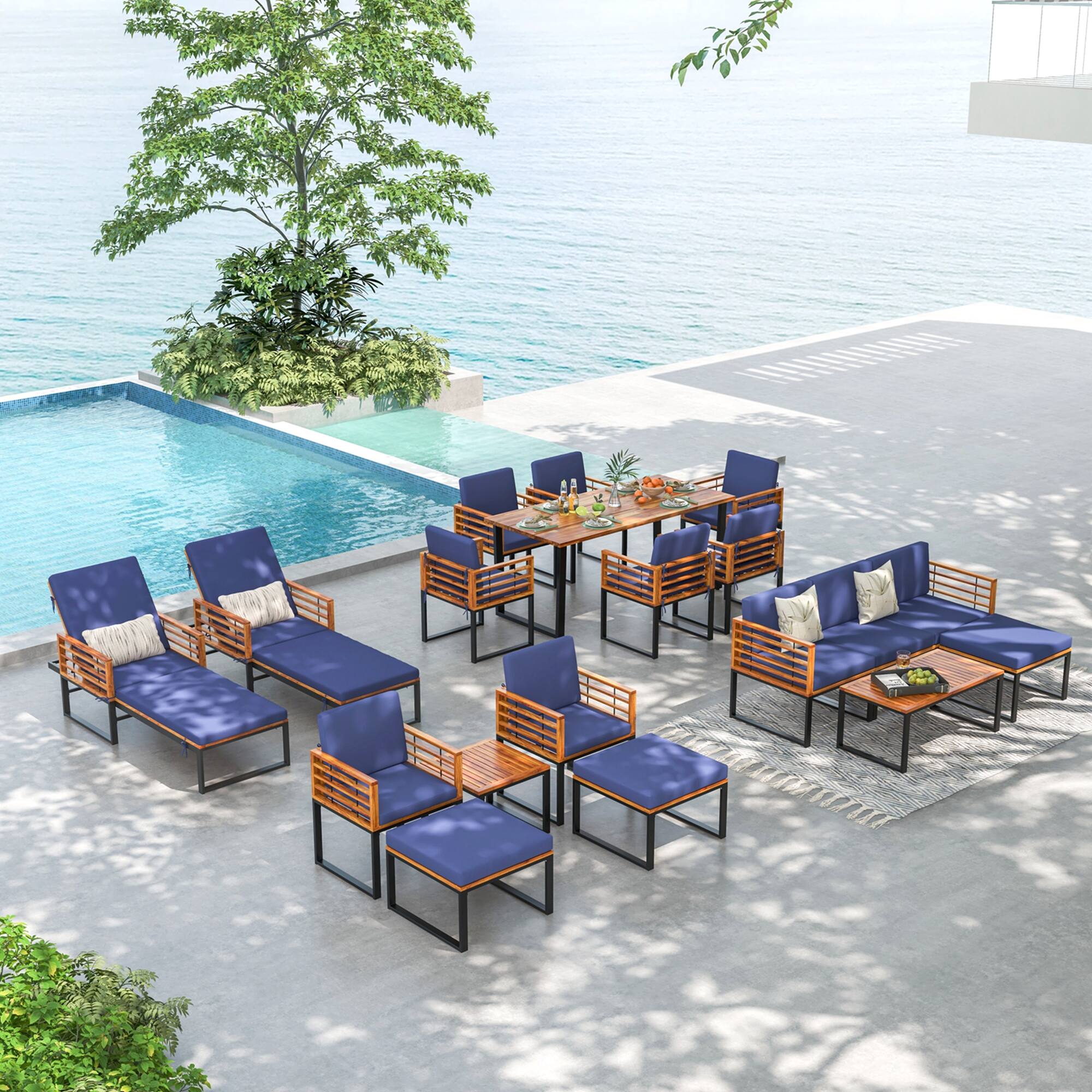 Alt View 7. Costway - Costway 5 Piece Patio Chair Set, Acacia Wood Chair Set with Ottoman & Coffee Table - Navy.