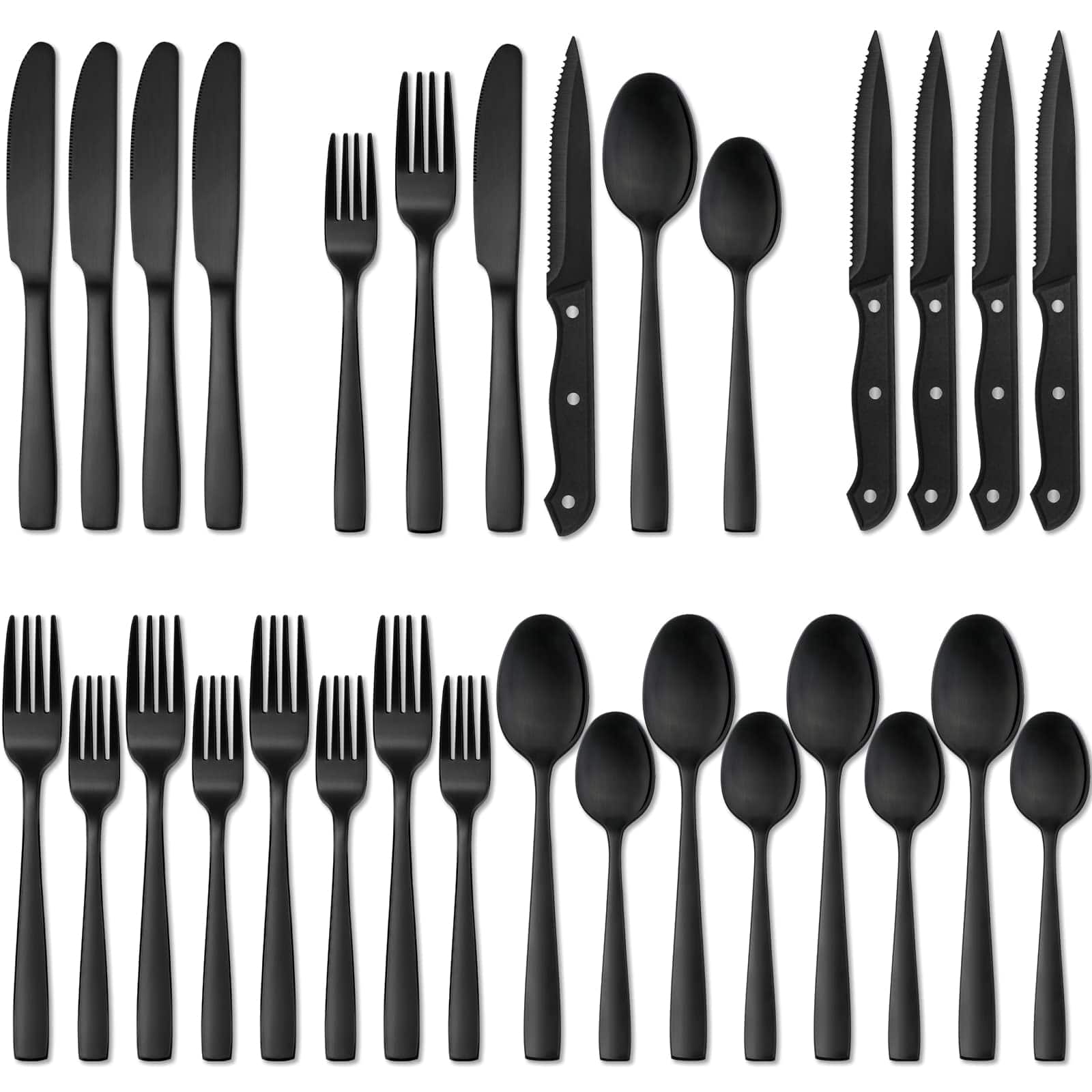 Dazzed Corner - 24 Pieces Stainless Steel Flatware Set with Steak Knives, Silverware Set Service for 4 - Black
