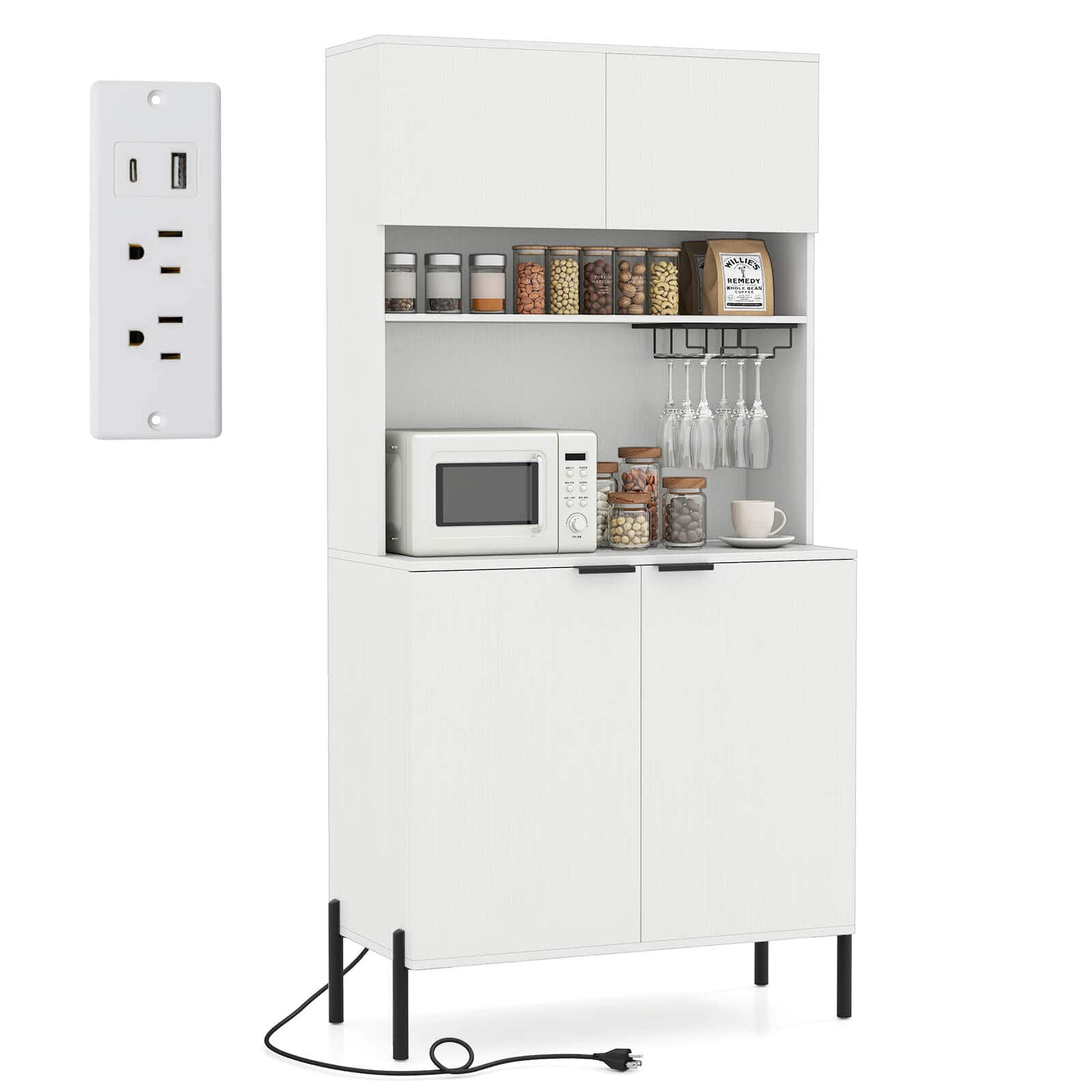 Costway - 64.5" Kitchen Pantry Cabinet with Charging Station Wine Glass Rack Adjustable Shelf - White