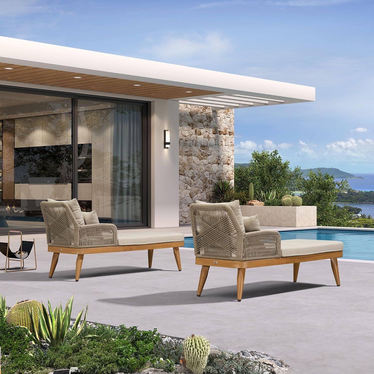 Alt View 1. PURPLE LEAF - 2 Pieces Aluminum Pool Lounge Chairs for Outdoor with 2 Cushions - Natural Teak.