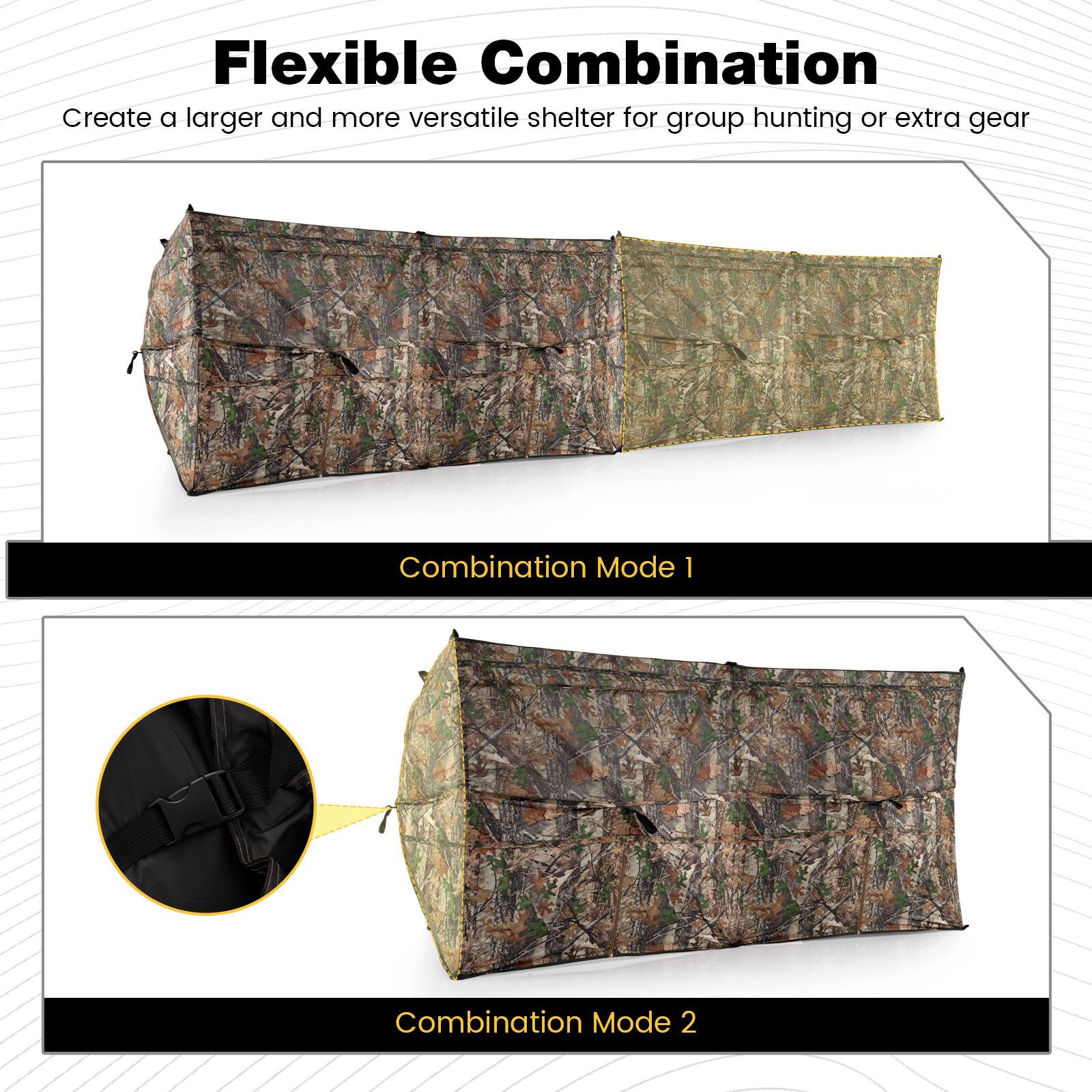 Flexible Combination  
Create a larger and more versatile shelter for group hunting or extra gear  

Combination Mode 1  

Combination Mode 2