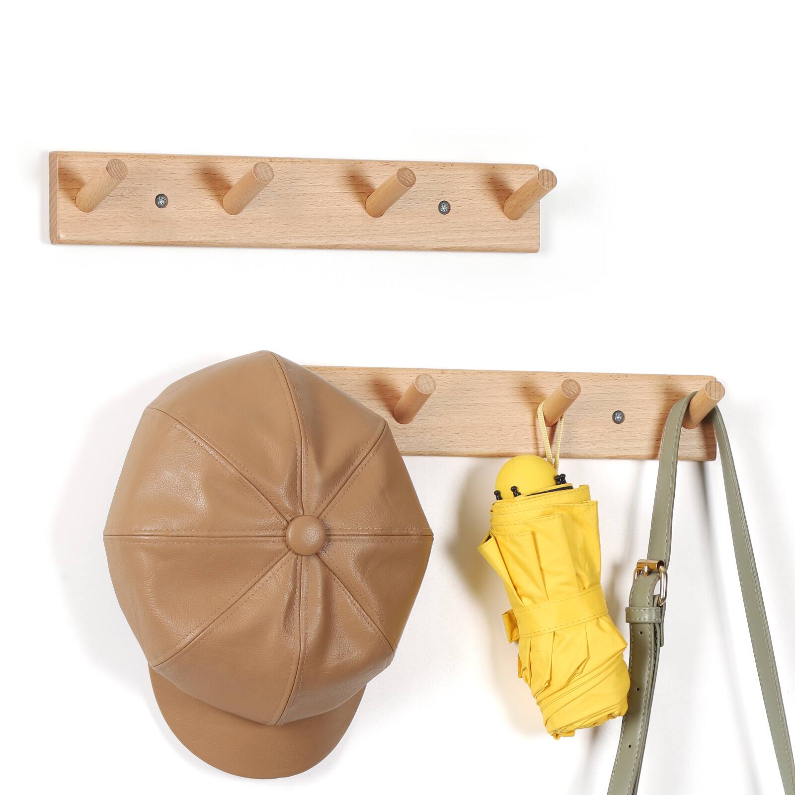 Angle. Oumilen - 2 Pack Natural Wood Coat Racks with 4 Hooks Each – Light Wood Wall Mount for Hats, Bags, Umbrellas - Natural.