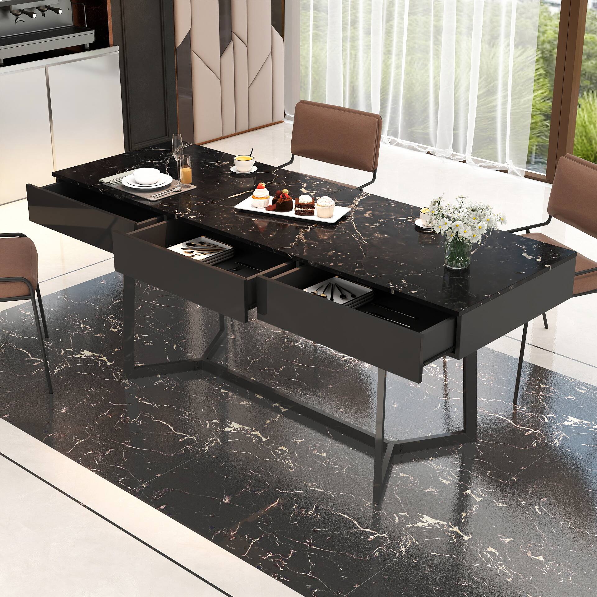 Front. Tiramisubest - Modern Black 70.87" Computer Desk, Study & Work Desk, Y-Shaped Metal Legs - Black.