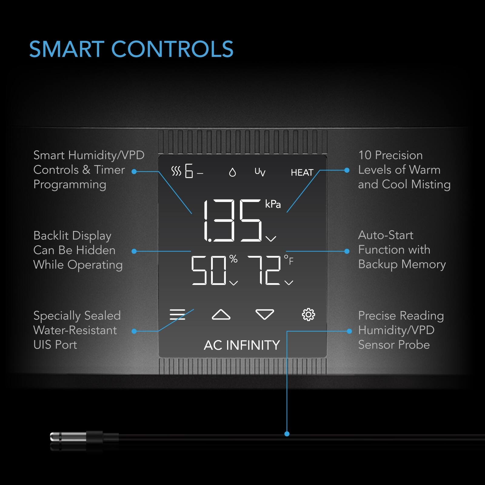 SMART CONTROLS

- Smart Humidity/VPD Controls & Timer Programming
- Backlit Display Can Be Hidden While Operating
- Specially Sealed Water-Resistant UIS Port
- 10 Precision Levels of Warm and Cool Mist
- Auto-Start Function with Backup Memory
- Precise Reading Humidity/VPD Sensor Probe

AC INFINITY