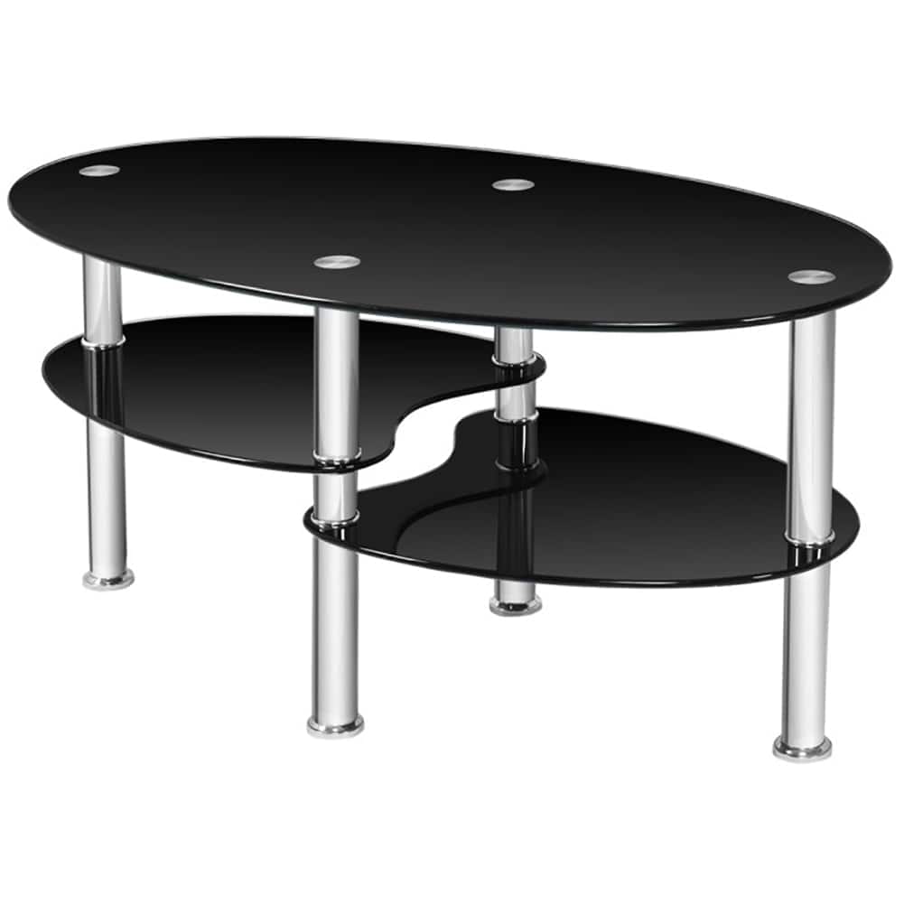 Kadyn - Modern Glass Coffee Table, Oval Side Coffee Table, Stable Glass TV Stand Side End Table for Living Room - Black