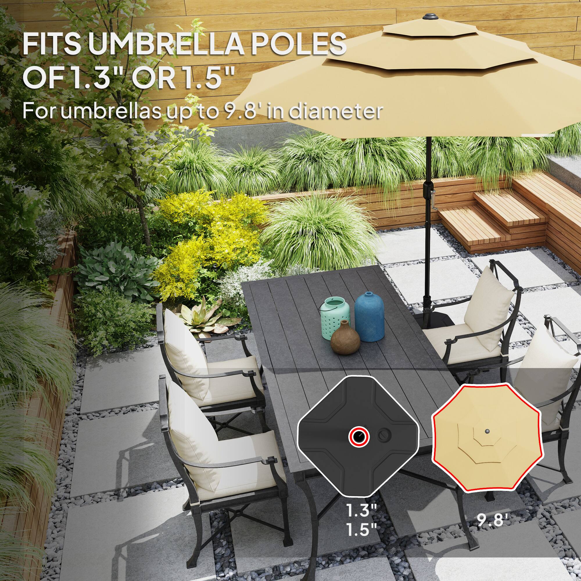 FITS UMBRELLA POLES OF 1.3" OR 1.5" For umbrellas up to 9.8 in diameter 1.3" 1.5" 9.8"