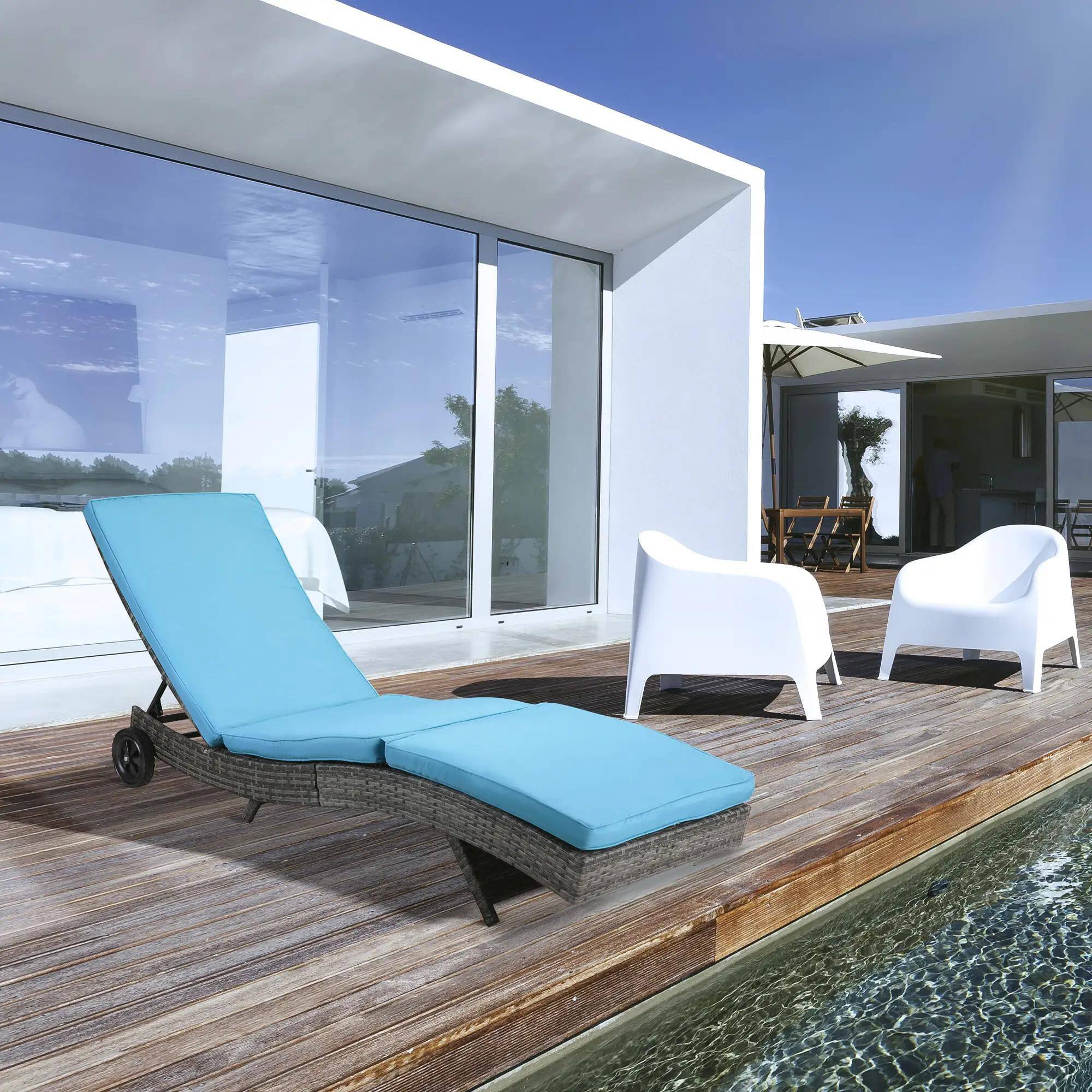 Left. Resenkos - Resenkos Chaise Lounger With 5-Level Backrest Adjustment, Cushioned Patio Sun Lounger, Easy-Moving Wheels, Sky Blue - Sky Blue.