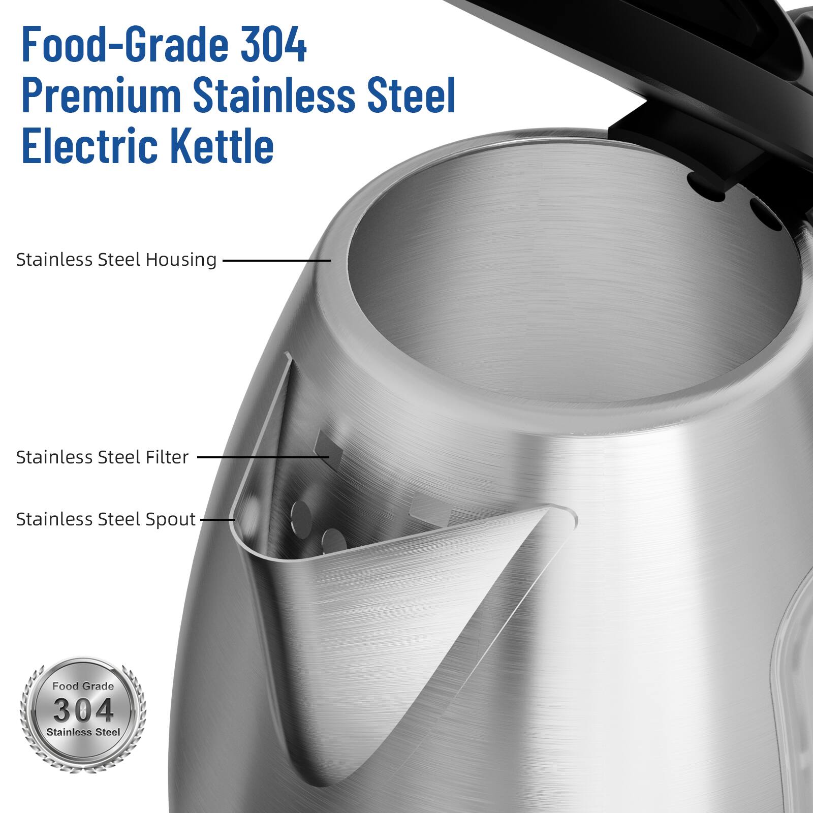 Food-Grade 304 Premium Stainless Steel Electric Kettle, Stainless Steel Housing, Stainless Steel Filter, Stainless Steel Spout, Food Grade 304 Stainless Steel