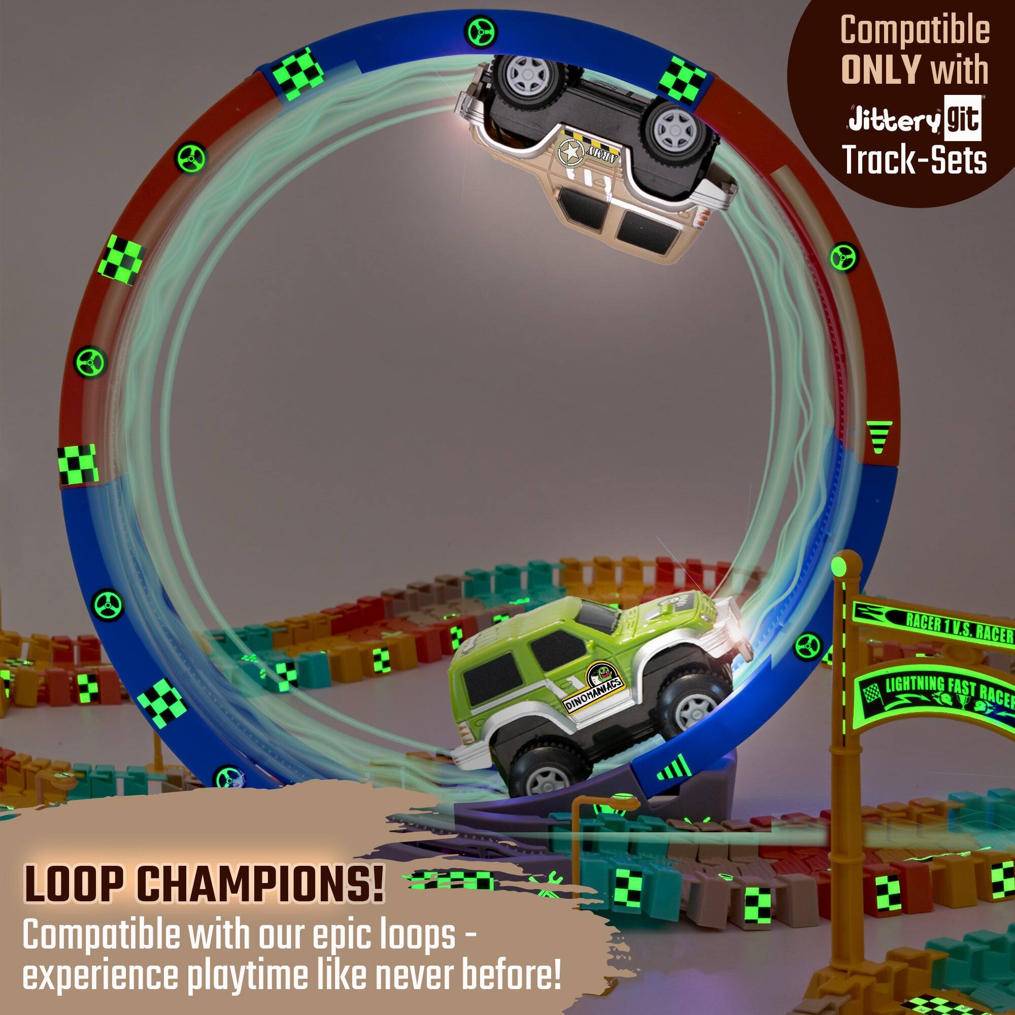 TRAI  
Compatible ONLY with Jittery Git Track-sets  
DINOMANIACS  
RACER 1 V.S. RACER LIGHTNING FAST RACE!  
LOOP CHAMPIONS! Compatible with our epic loops - experience playtime like never before!