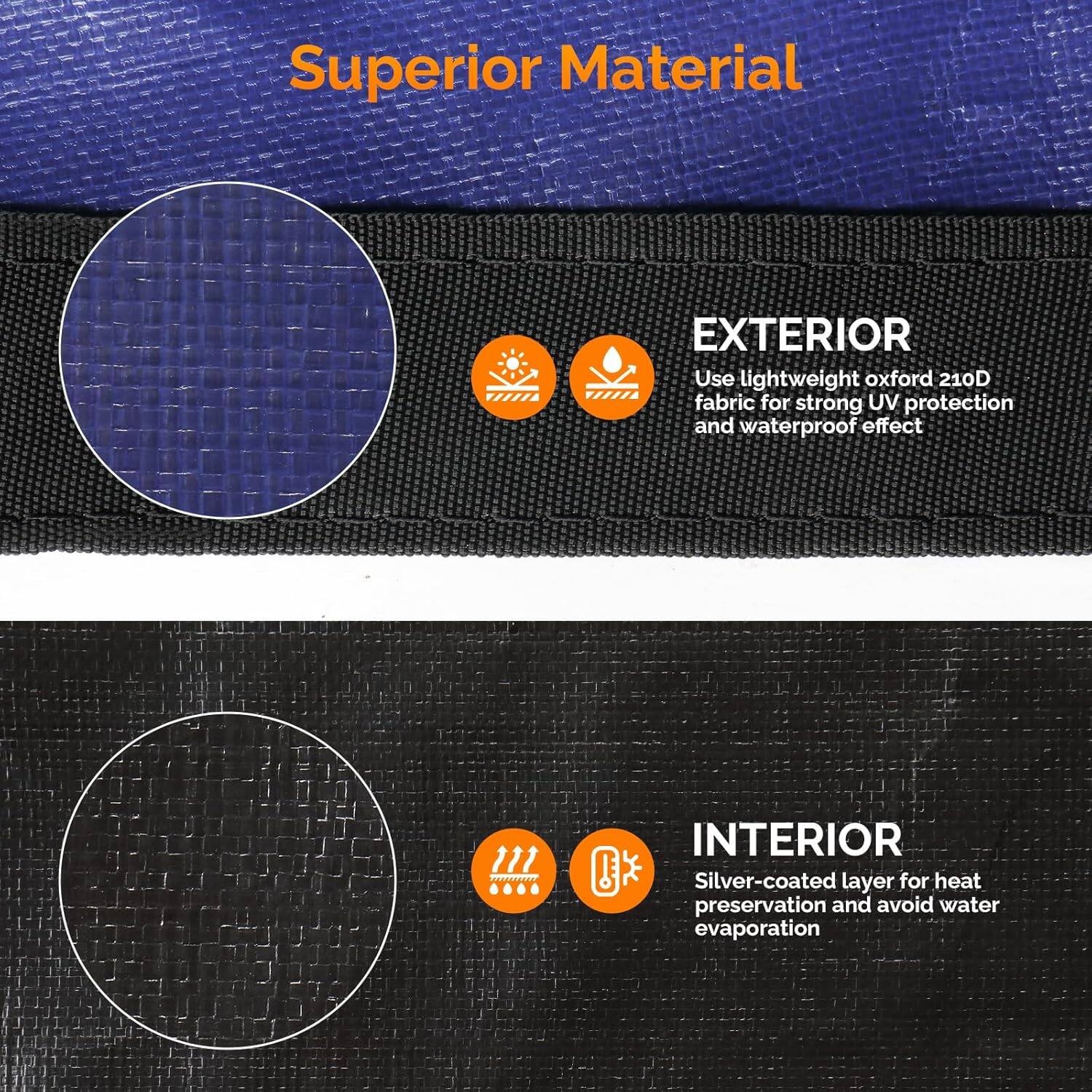 Superior Material

EXTERIOR
Use lightweight oxford 210D fabric for strong UV protection and waterproof effect

INTERIOR
Silver-coated layer for heat preservation and avoid water evaporation