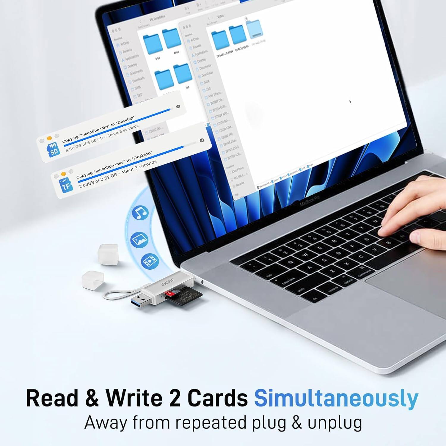 Read & Write 2 Cards Simultaneously  
Away from repeated plug & unplug