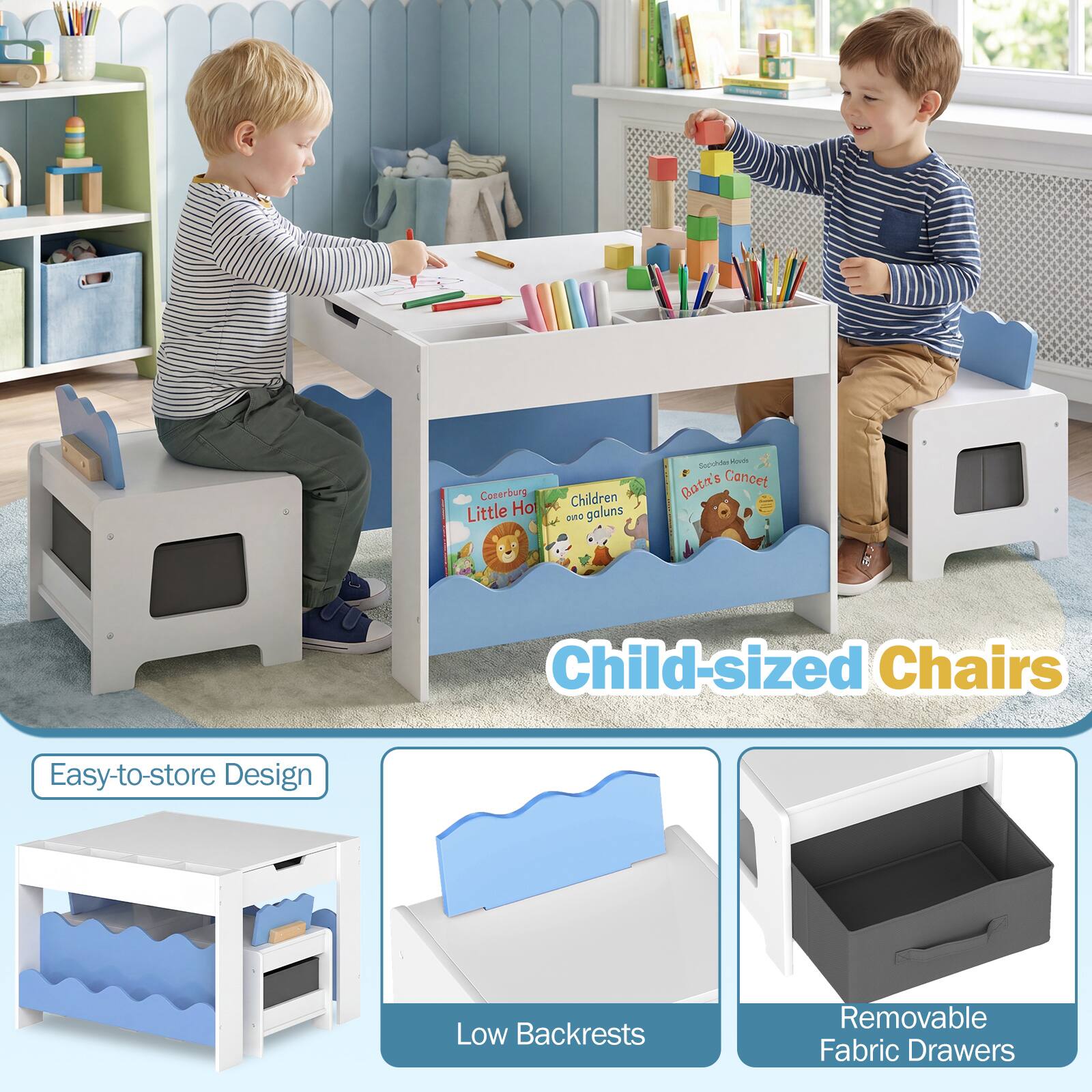 Coserburg Little Ho Children 2 chairs AI - Bata's Cencet I Child-sized Chairs Easy-to-store Design Low Backrests Removable Fabric Drawers