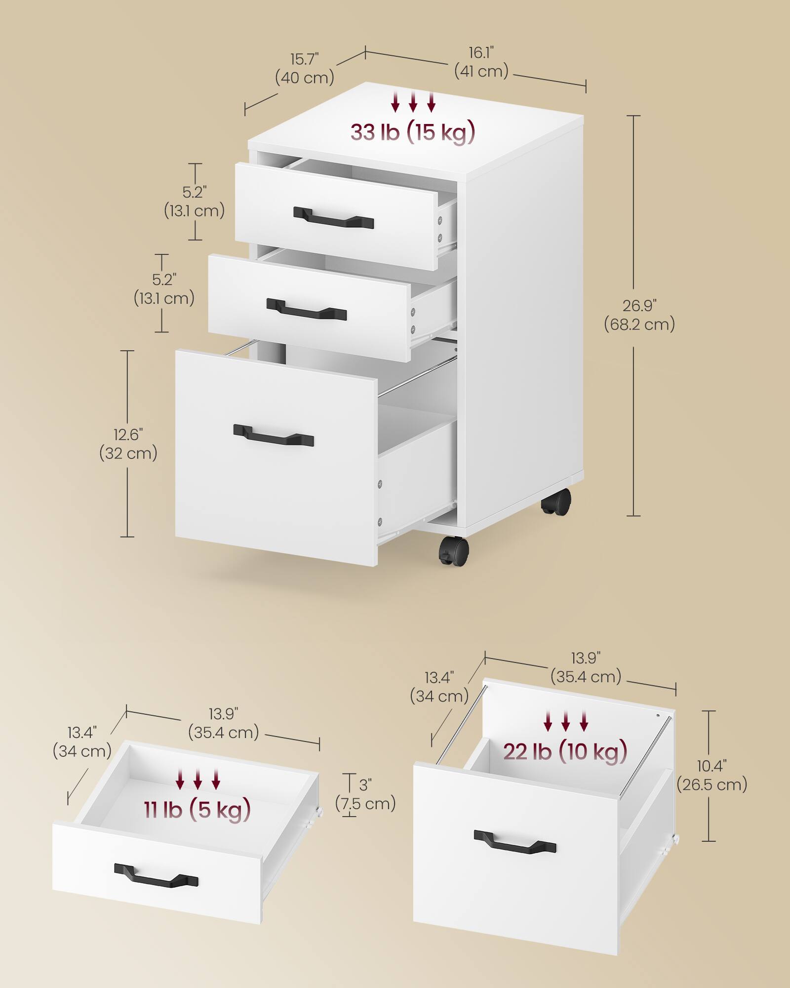 15.7" (40 cm)  
16.1" (41 cm)  
5.2" (13.1 cm)  
5.2" (13.1 cm)  
33 lb (15 kg)  
26.9" (68.2 cm)  
12.6" (32 cm)  
13.4" (34 cm)  
13.9" (35.4 cm)  
11 lb (5 kg)  
13.4" (34 cm)  
3" (7.5 cm)  
13.9" (35.4 cm)  
22 lb (10 kg)  
10.4" (26.5 cm)