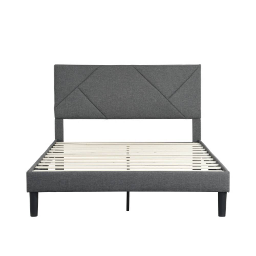 Left. LUCKY ONE - Queen Size Upholstered Platform Bed Frame with Headboard, Strong Wood Slat Support, No Box Spring Needed, Easy Assembly - Gray.