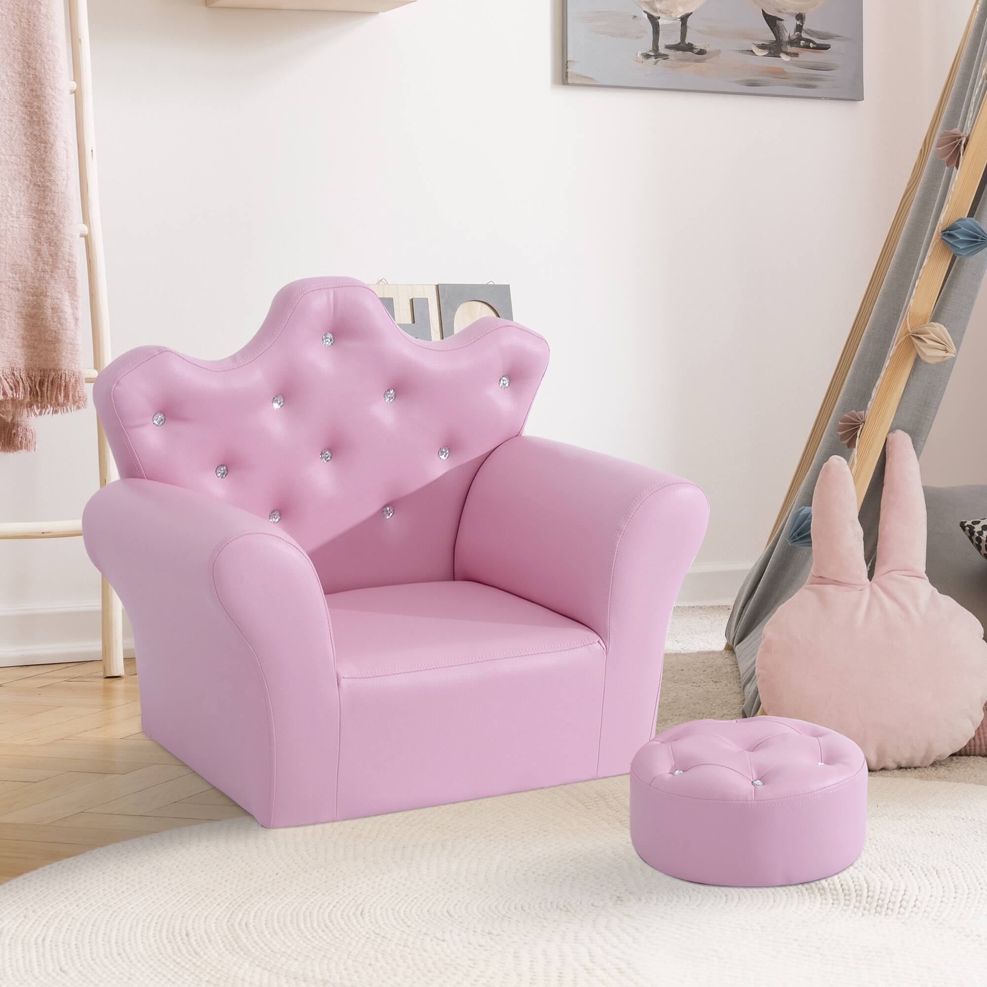 Alt View 4. Qaba - Kids Sofa Set, Children's Upholstered Sofa, Footstool, Princess Sofa, Diamond Decorations, Baby Sofa Chair, Toddlers - Pink.