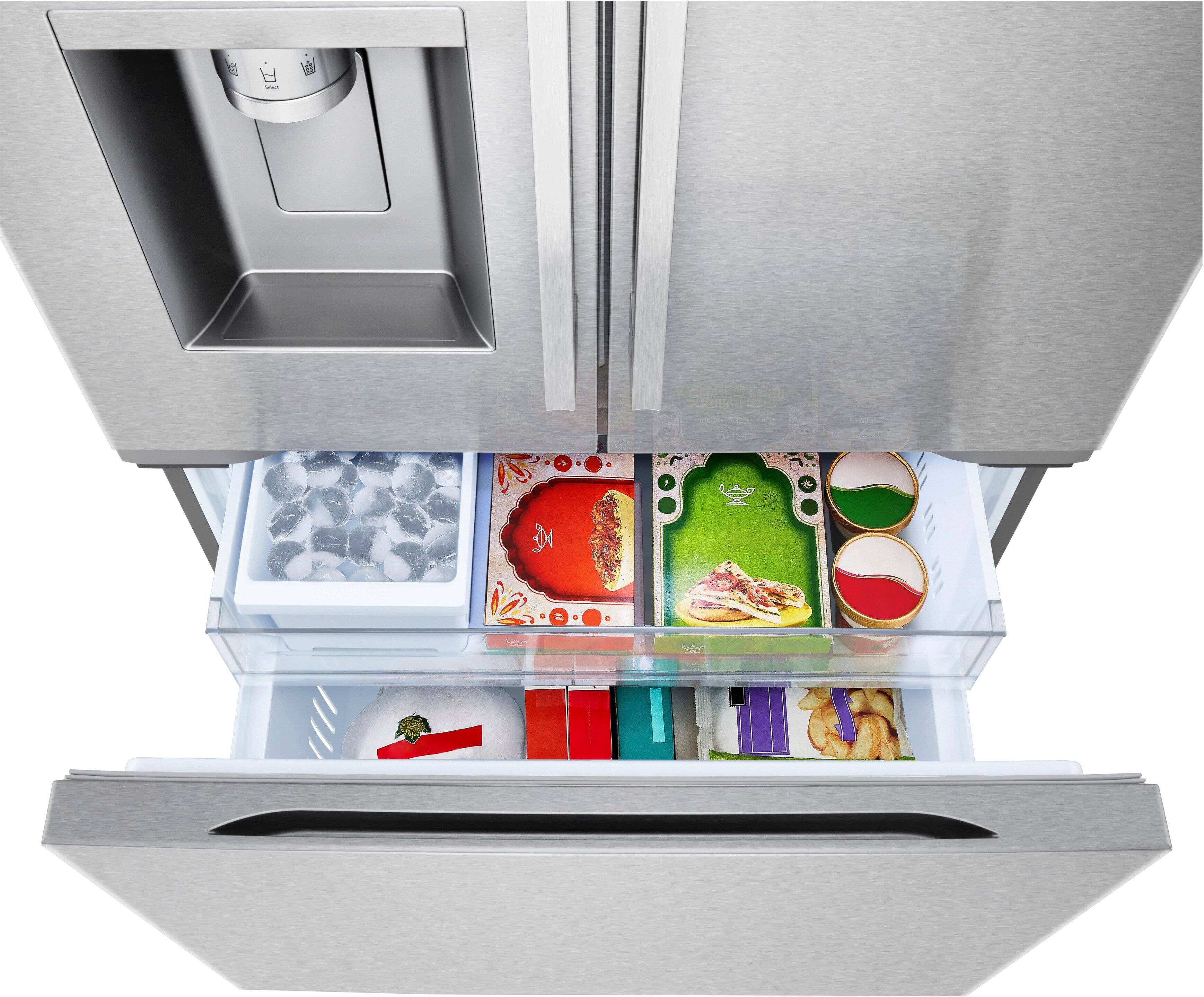 The image shows a refrigerator with its door open, revealing a variety of food items stored inside. There are multiple bottles of different sizes, some of which are placed in the door compartments. Additionally, there are several bowls and cups placed throughout the refrigerator, with some placed in the door compartments as well. The refrigerator is filled with a diverse assortment of food items, making it a well-stocked and functional appliance.