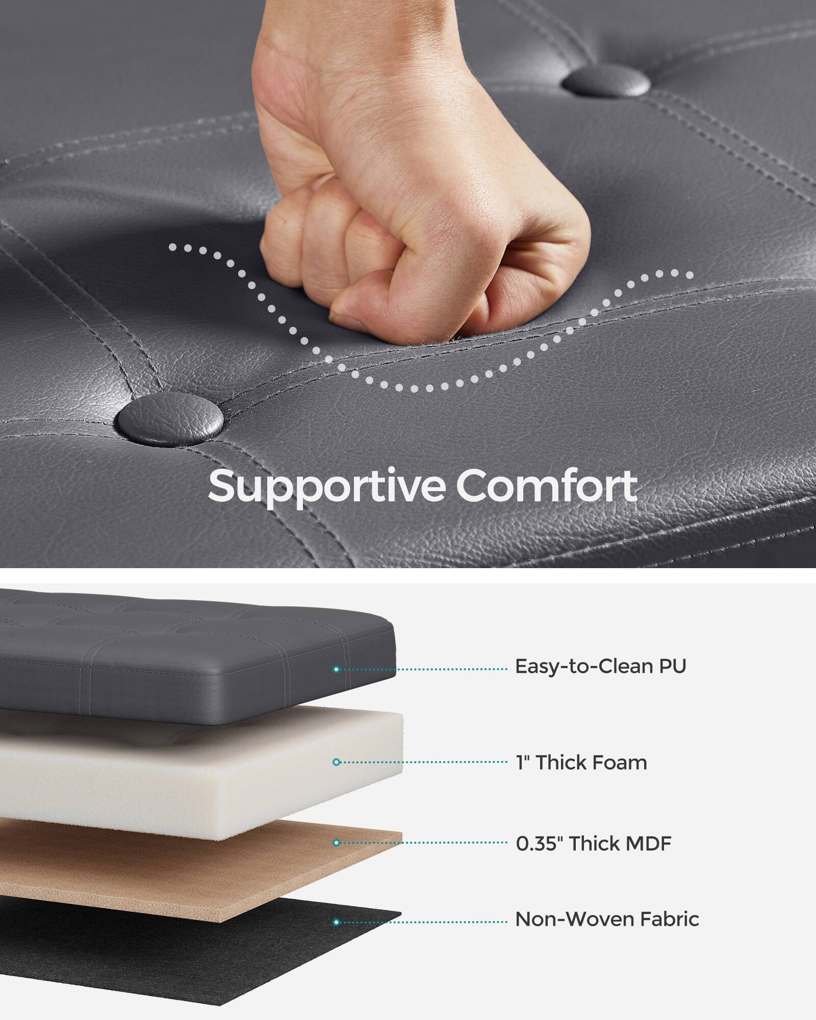 Supportive Comfort

Easy-to-Clean PU

1" Thick Foam

0.35" Thick MDF

Non-Woven Fabric