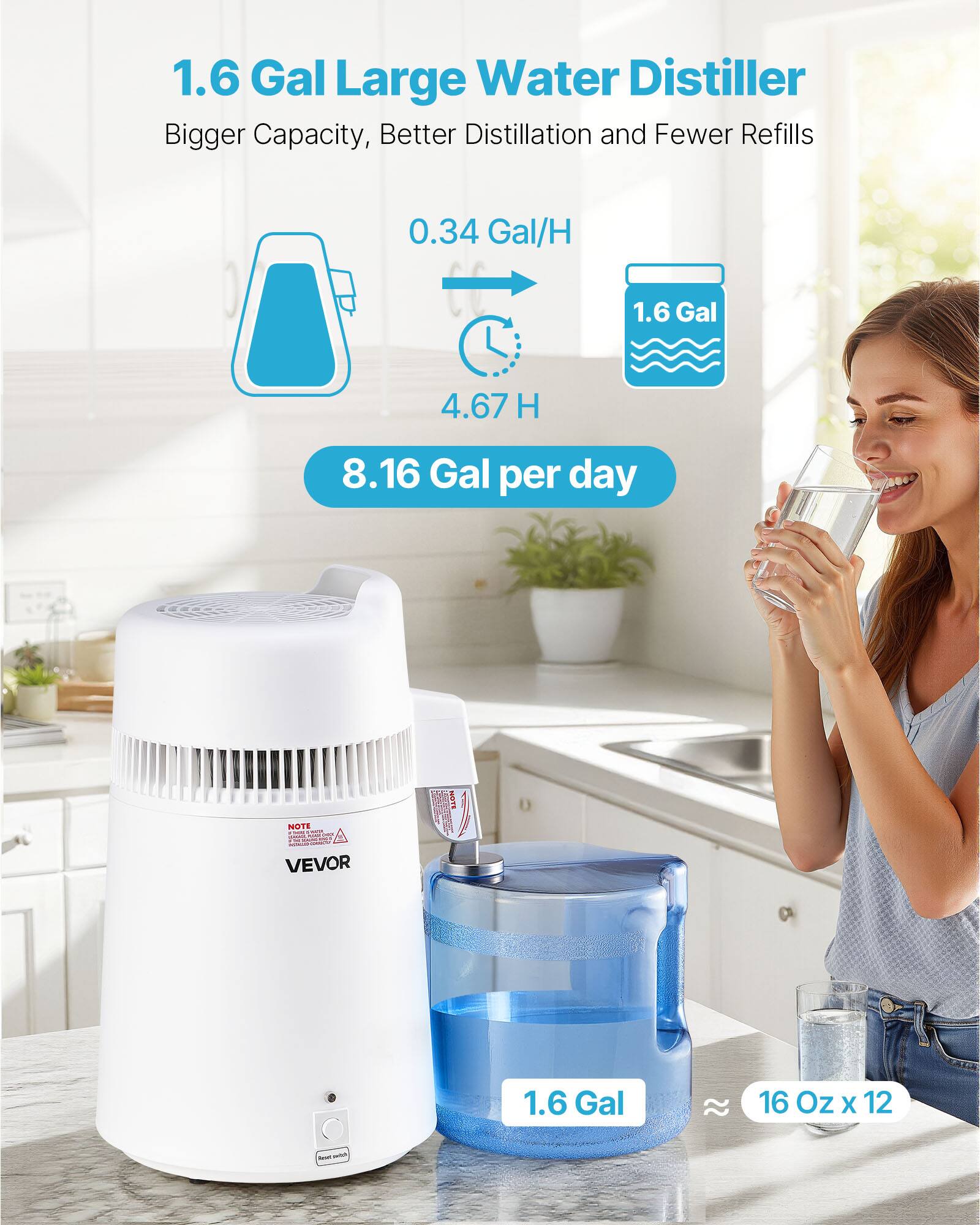1.6 Gal Large Water Distiller  
Bigger Capacity, Better Distillation and Fewer Refills  

0.34 Gal/H  
1.6 Gal  
4.67 H  
8.16 Gal per day  

NOTE - Love COMIC - 1000 - VEVOR  

1.6 Gal  
22  
16 Oz x 12