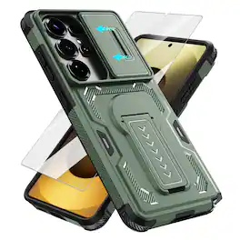 Dteck - Rugged Stand Case for Samsung Galaxy S26 Ultra,Shockproof Heavy Duty Cover With Sliding Lens Cover+Tempered Glass Flim - Green