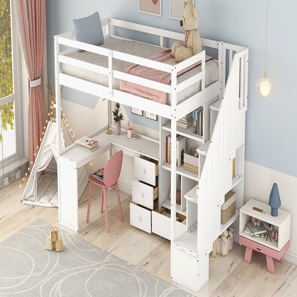 Alt View 1. Loheer - Loheer Twin Loft Bed with Desk, White Loft Bed with Storage Stairs - White.