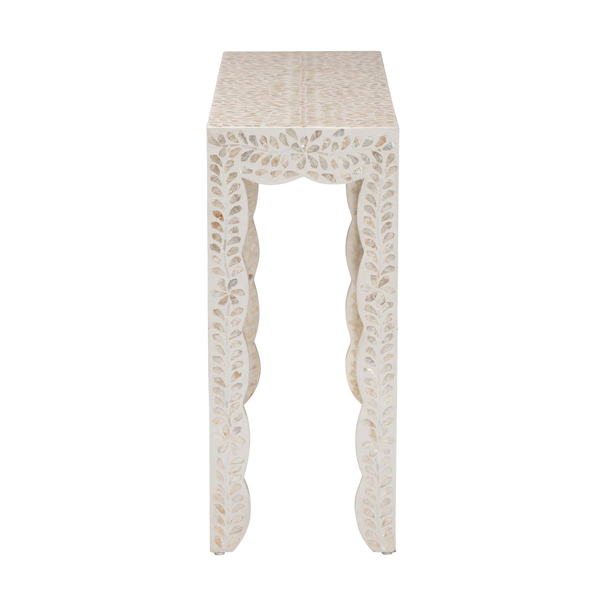 Left. bali & pari - Hedya Floral Capiz Shell Console Table with Scalloped Detailing - White/Beige.