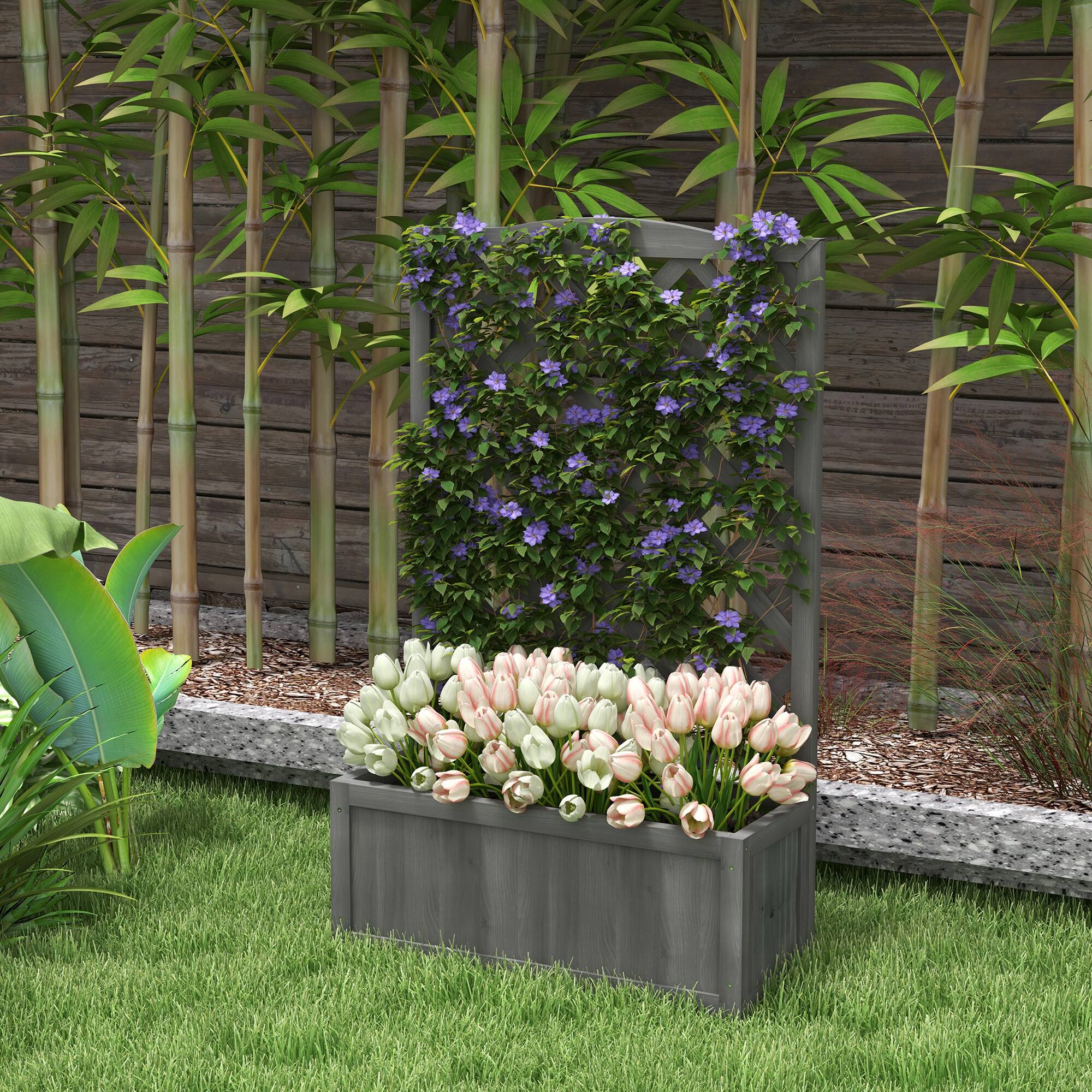 Alt View 1. Outsunny - Wooden Planter with Trellis, Raised Garden Bed to Grow Vegetables, Herbs, Flowers for Backyard - Gray.