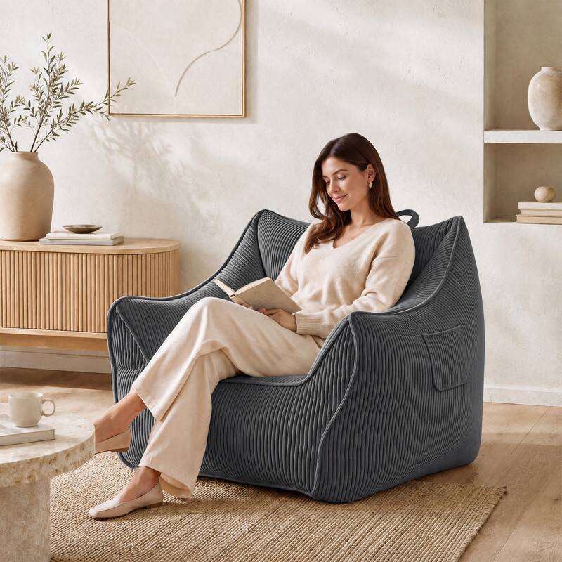 Angle. Vipbear - 36.2" W Bean Bag Sofa Chair for Adults, High Back Accent Chair with Armrests for Living Room/Bedroom/Apartment/Dormitory - Gray.