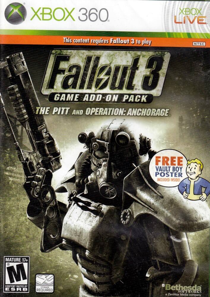 XBOX 360 XBOX LIVE  
This content requires Fallout 3 to play  
Fallout 3 GAME ADD-ON PACK THE PITT AND OPERATION: ANCHORAGE NTSC  
FREE VAULT BOY POSTER INCLUDED INSIDE!  
MATURE 17+ CONTENT RATED BY ESRB  
STORAGE REQUIRED  
Bethesda SOFTWORKS a ZeniMax Media company - E10+ (Everyone 10+)