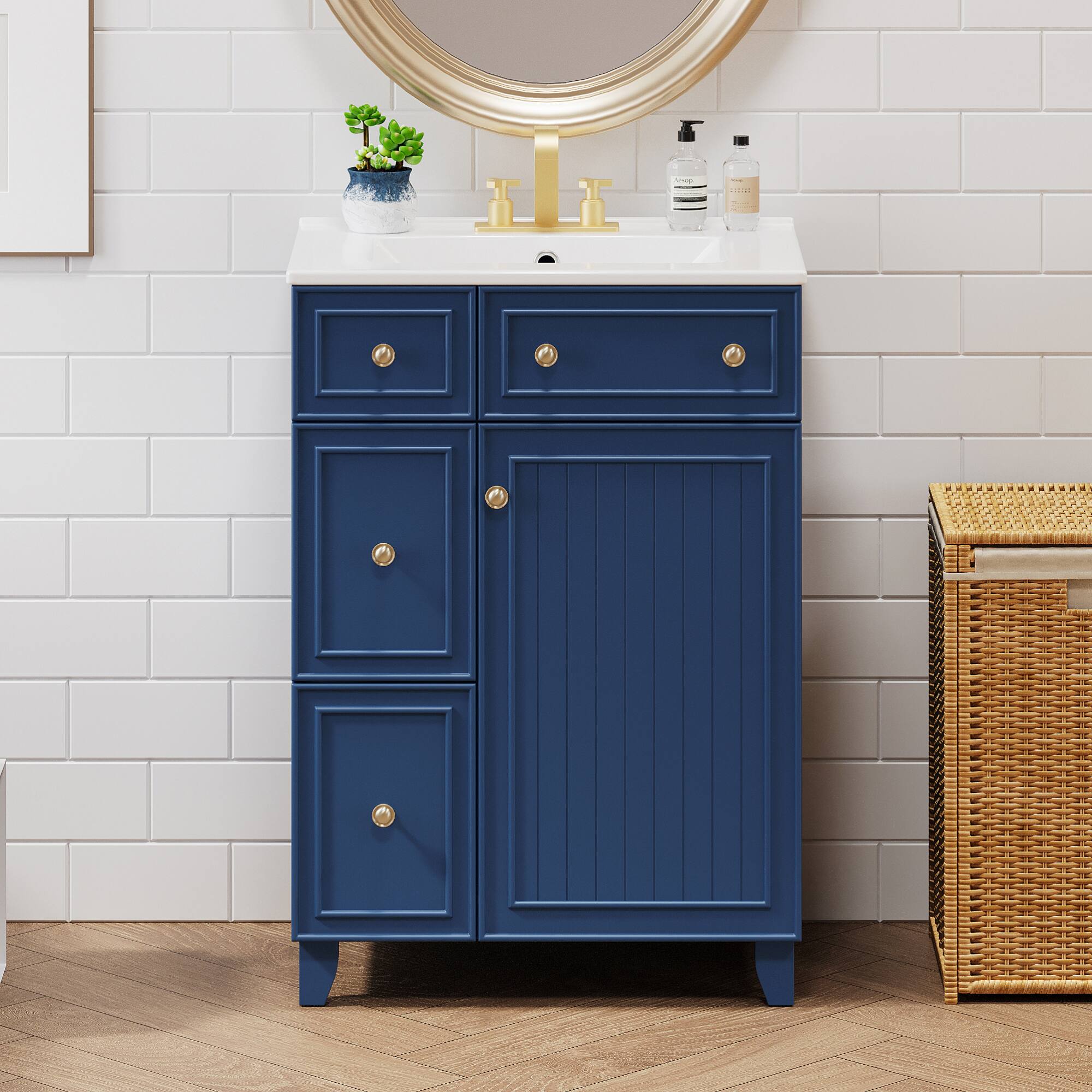 Angle. ELEMENT ACE - Compact 24-Inch Bathroom Vanity Cabinet with Ceramic Sink and Ample Storage Space - Blue.