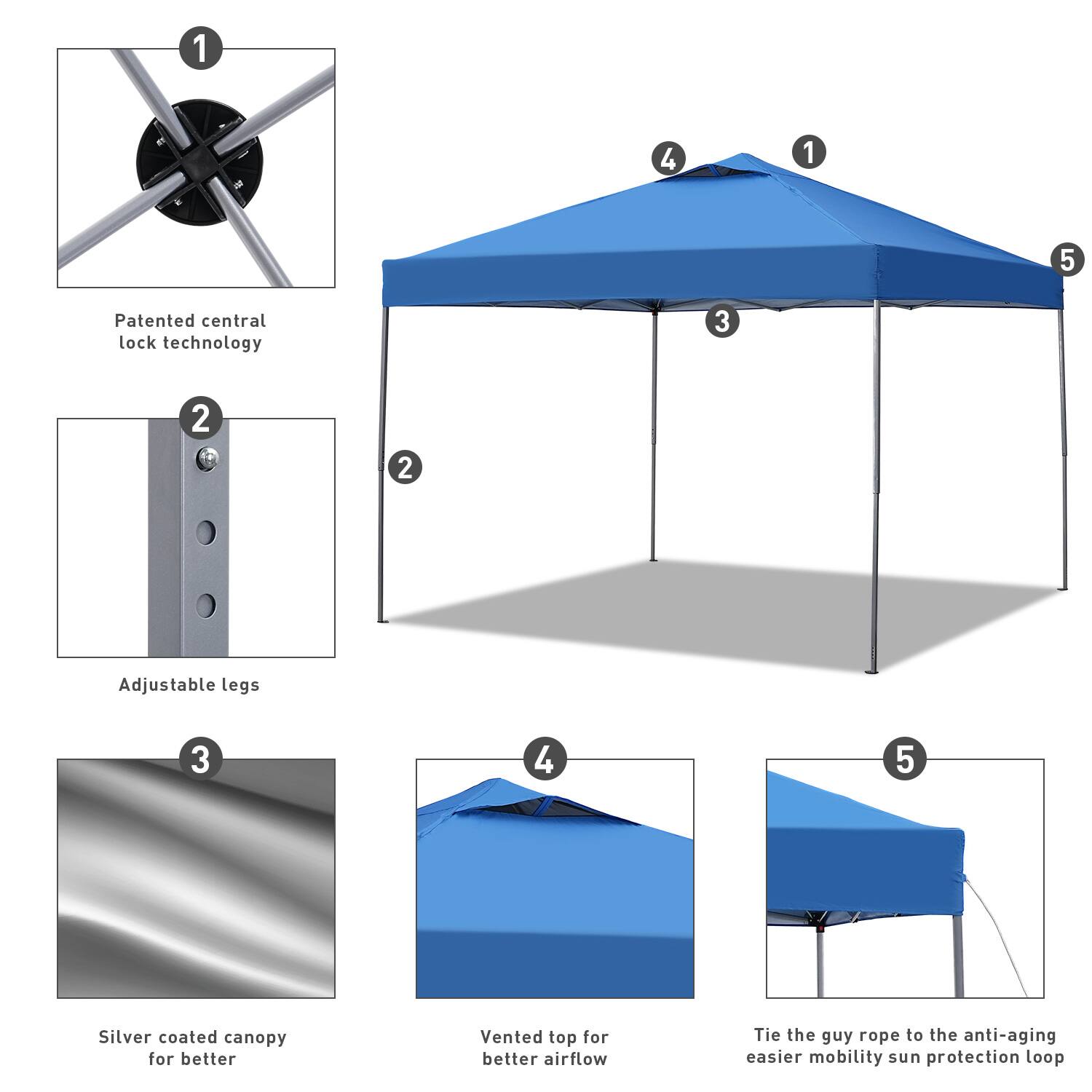 1 - Patented central lock technology
2 - Adjustable legs
3 - Silver coated canopy for better
4 - Vented top for better airflow
5 - Tie the guy rope to the anti-aging easier mobility sun protection loop