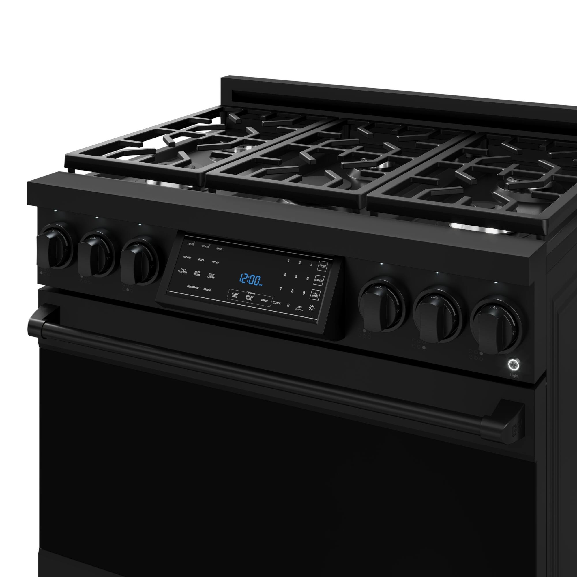 The oven is black and has a digital display. It has a timer that shows the time left for cooking. The oven is a modern design and has a large stove top.