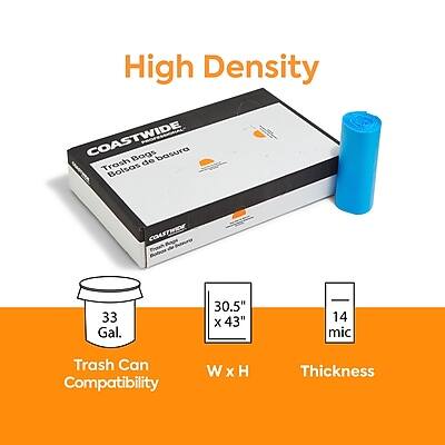 High Density  
COASTWIDE  
Trash Bag de Basura  
Trash Can Compatibility  
33 Gal.  
30.5" x 43"  
14 mic  
Thickness