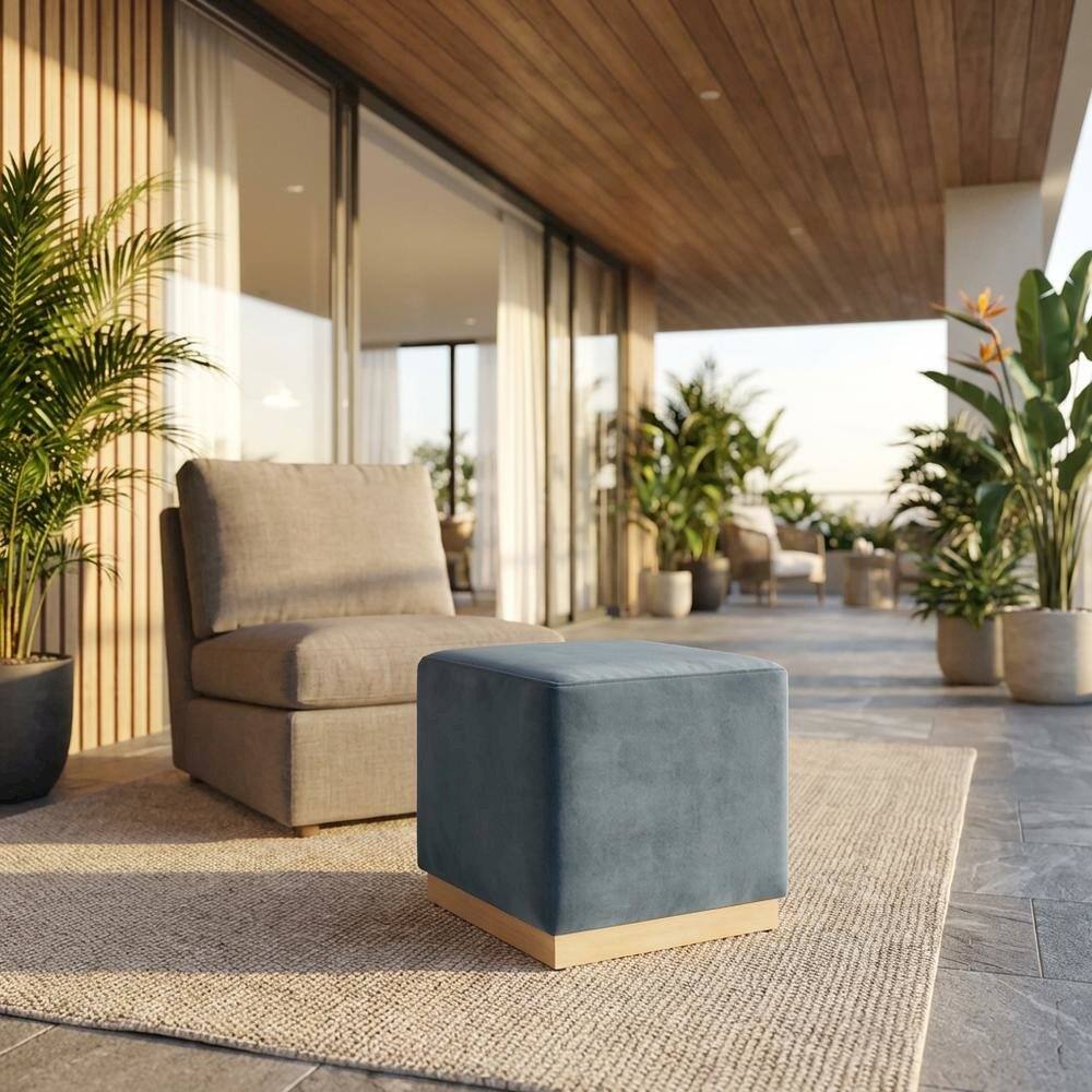 Angle. Outdoor Escape - Square Upholstered Ottoman In Performance Velvet With Modern Design - Blue.