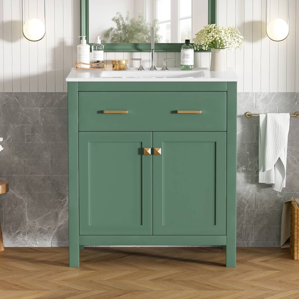 Left. Loheer - Loheer 30 Inch Green Bathroom Vanity with Ceramic Sink Modern Single Sink Vanity Freestanding - Green.